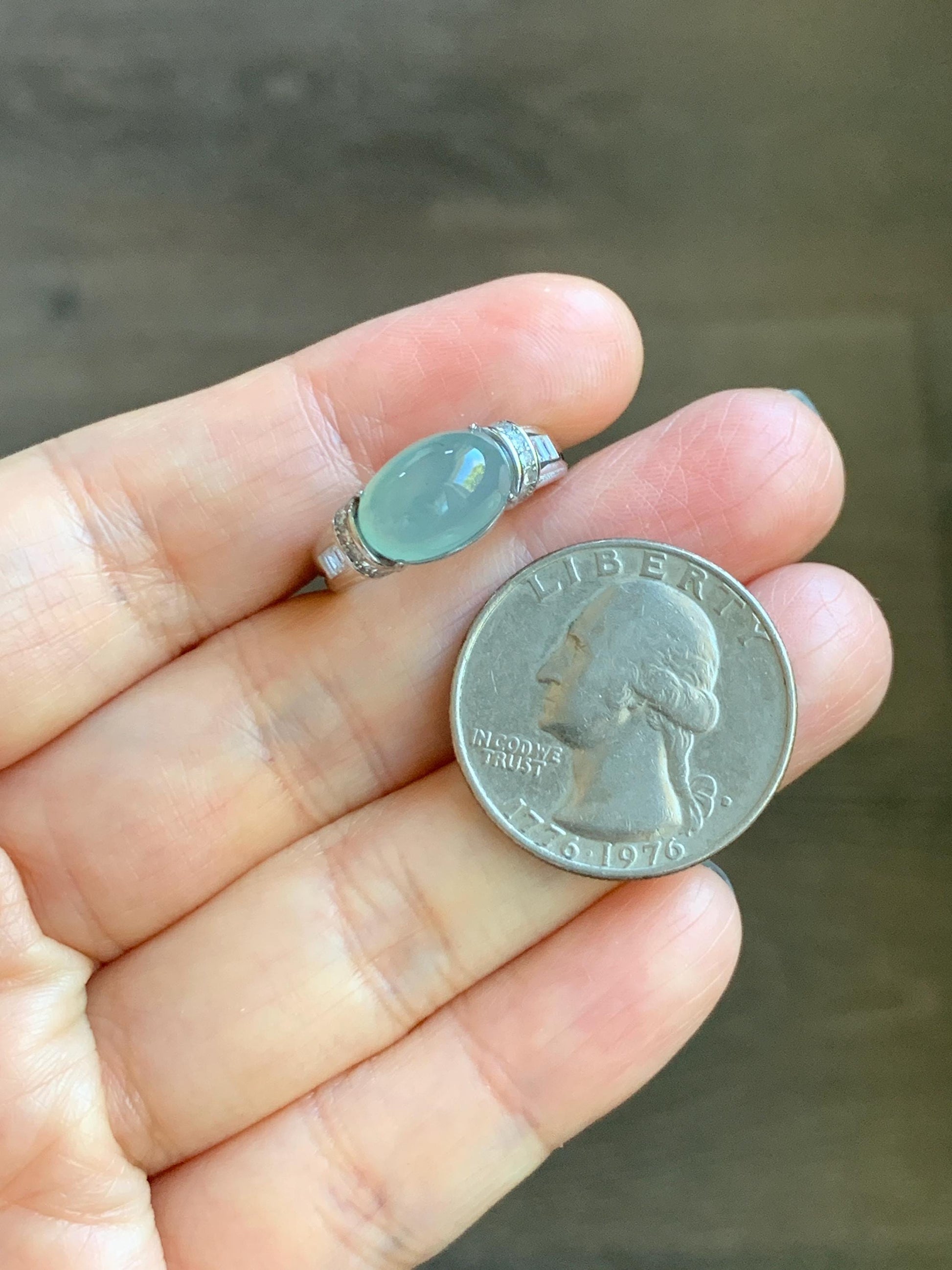Natural Grade A Guatemalan Icy Translucent Light Teal Blue Oval Jade Jadeite Ring Sterling Silver Size Adjustable 天然冰危浅蓝翡翠银镶戒指 JDX132B