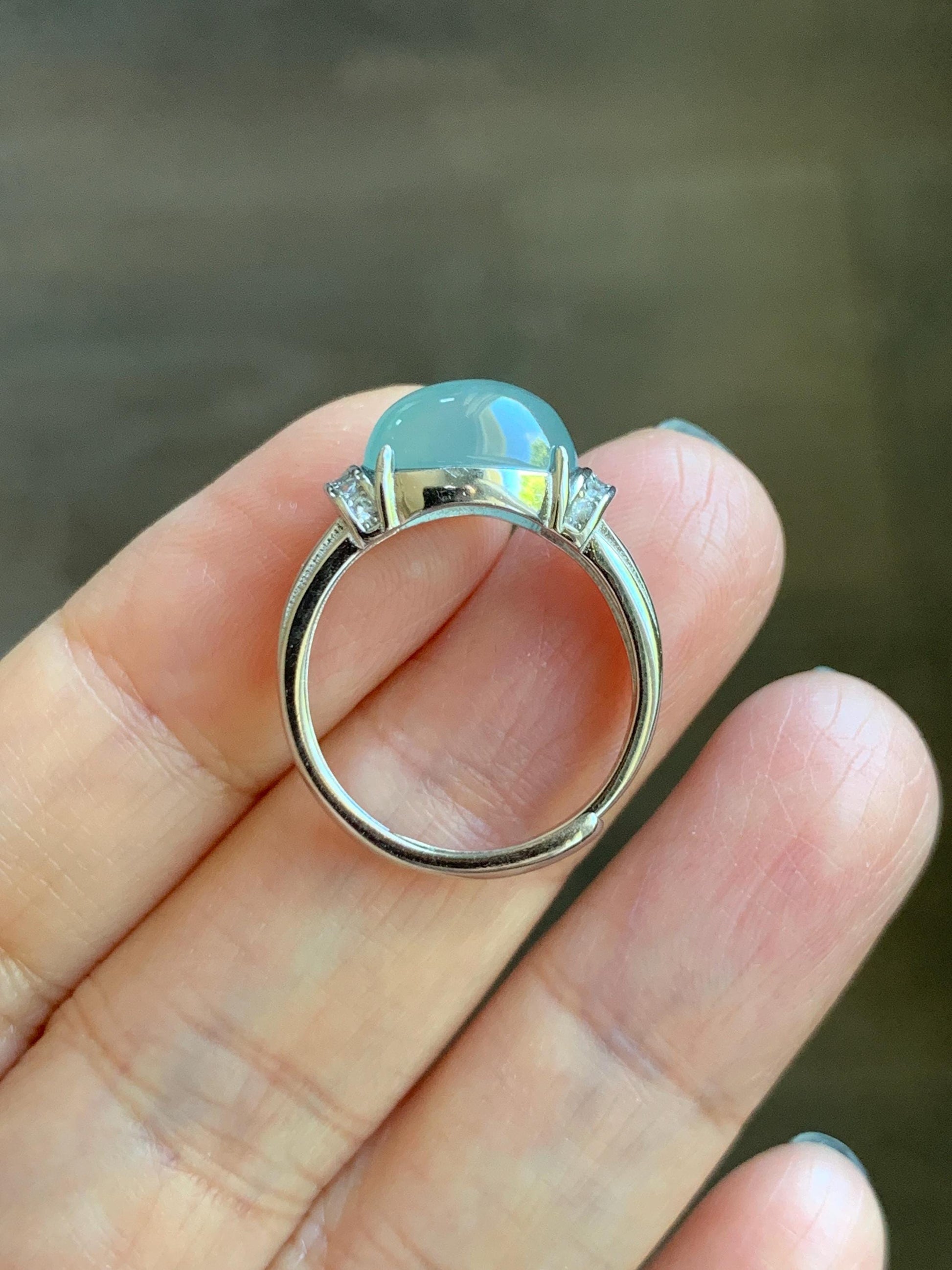 Natural Grade A Guatemalan Icy Translucent Light Teal Blue Oval Jade Jadeite Ring Sterling Silver Size Adjustable 天然冰危浅蓝翡翠银镶戒指 JDX132B