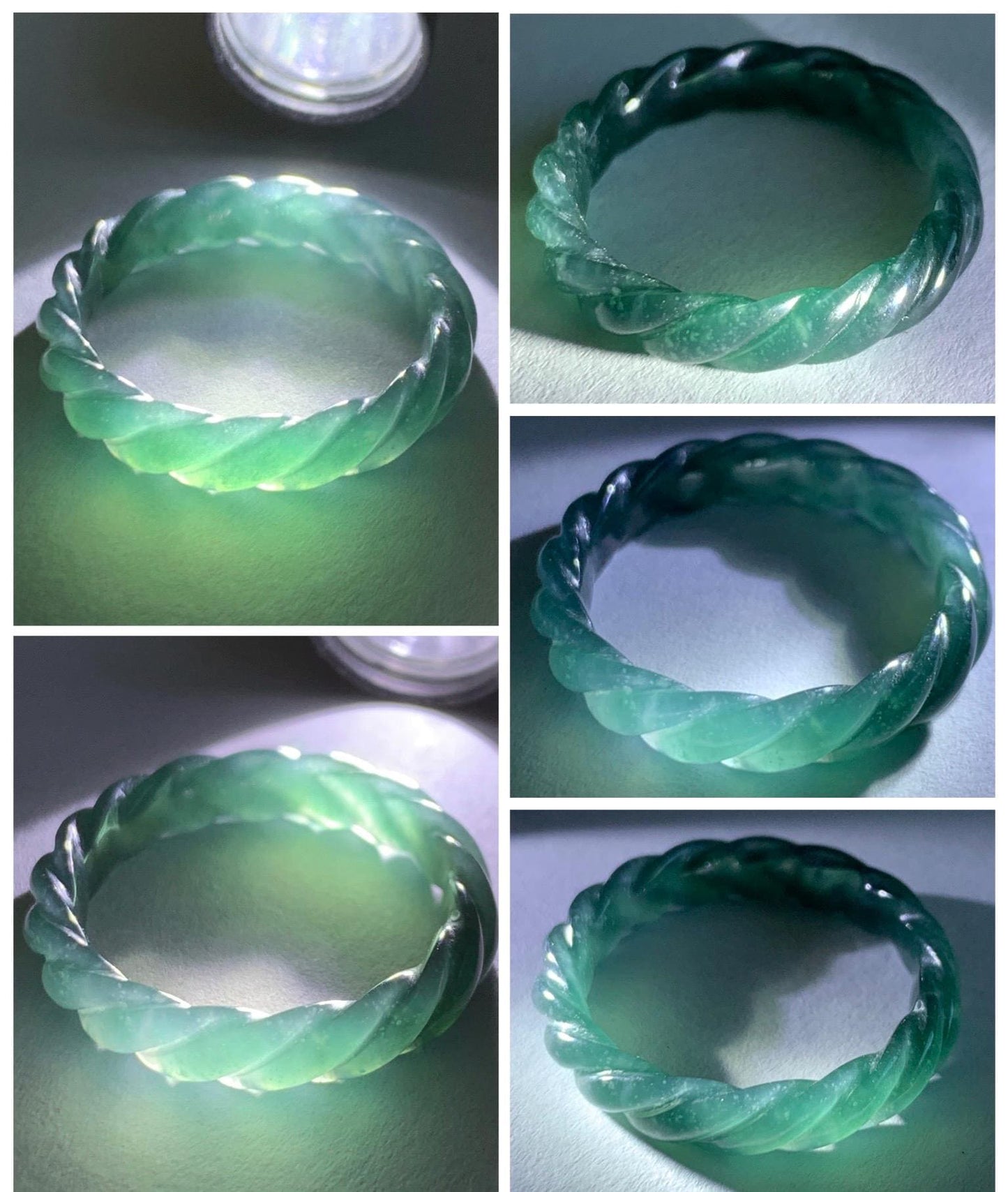 Natural Grade A Guatemalan Icy Translucent Gelatinous Dark Teal Blue Jade Jadeite Carved Braid Band Ring Size 9.25 US 天然冰危蓝水翡翠麻花戒圈 MHW66B