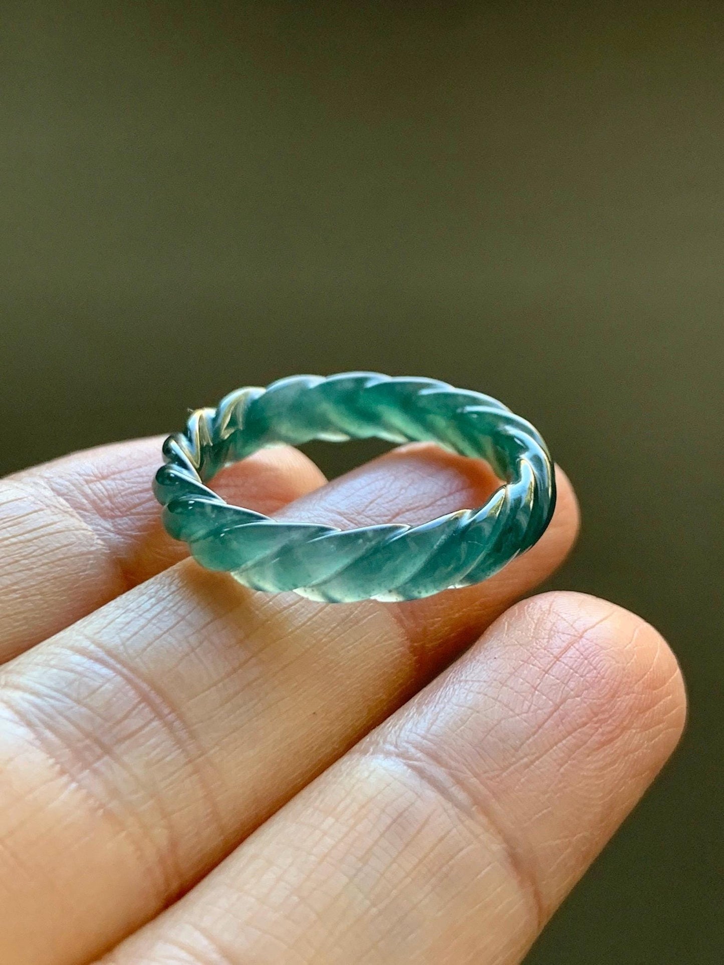 Natural Grade A Guatemalan Icy Translucent Gelatinous Dark Teal Blue Jade Jadeite Carved Braid Band Ring Size 9.25 US 天然冰危蓝水翡翠麻花戒圈 MHW66B
