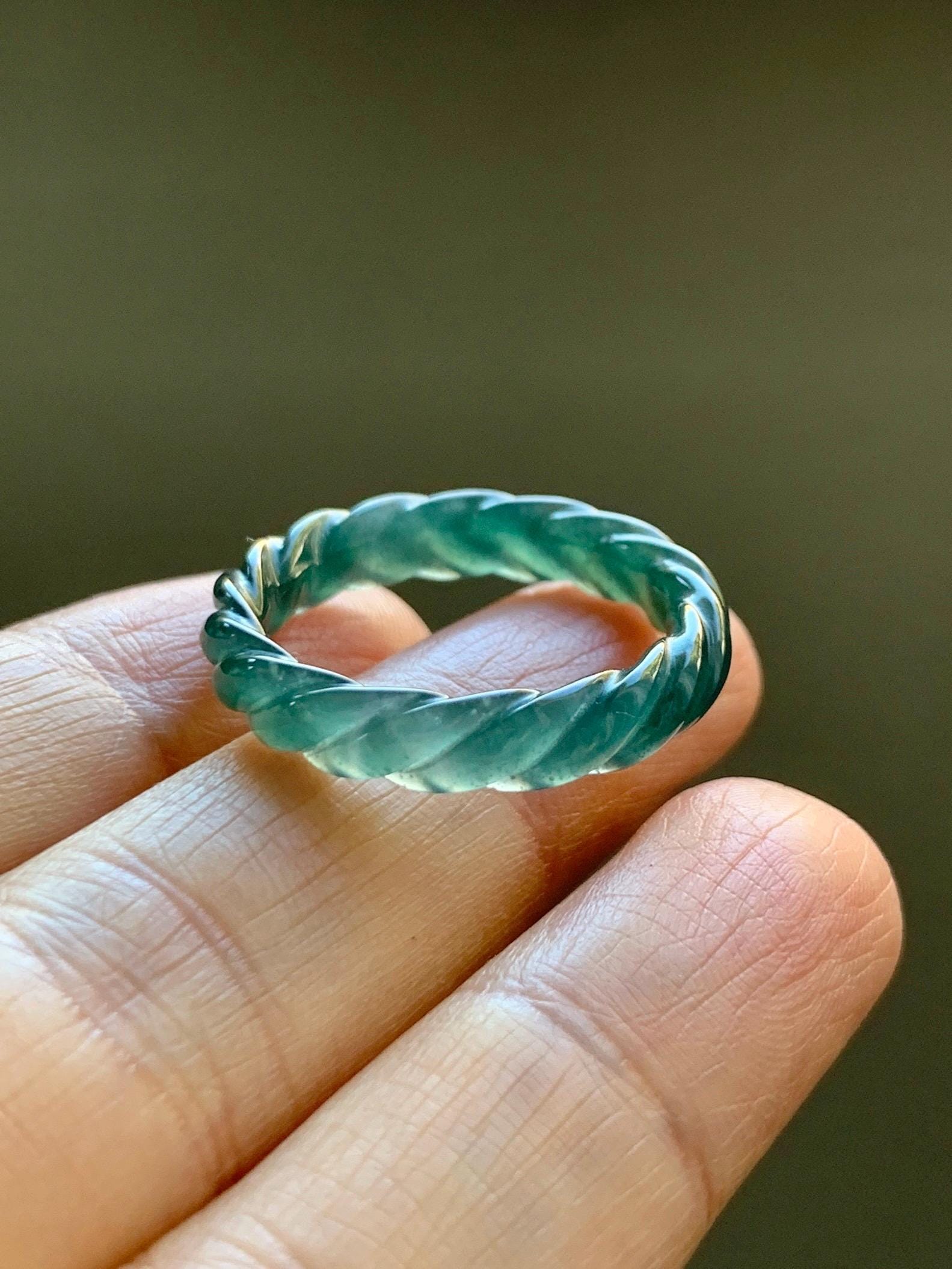 Natural Grade A Guatemalan Icy Translucent Gelatinous Dark Teal Blue Jade Jadeite Carved Braid Band Ring Size 9.25 US 天然冰危蓝水翡翠麻花戒圈 MHW66B