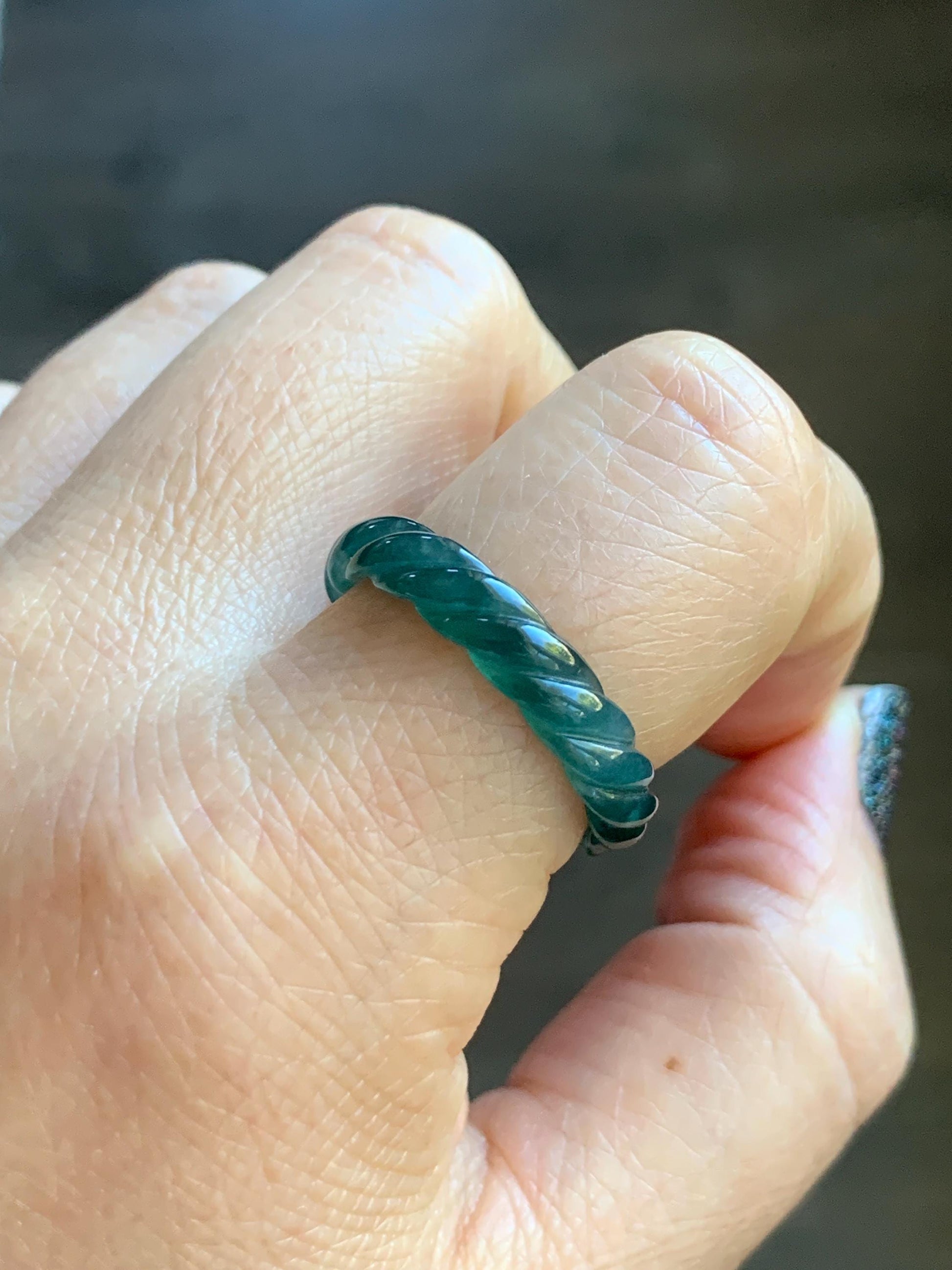 Natural Grade A Guatemalan Icy Translucent Gelatinous Dark Teal Blue Jade Jadeite Carved Braid Band Ring Size 9.25 US 天然冰危蓝水翡翠麻花戒圈 MHW66B