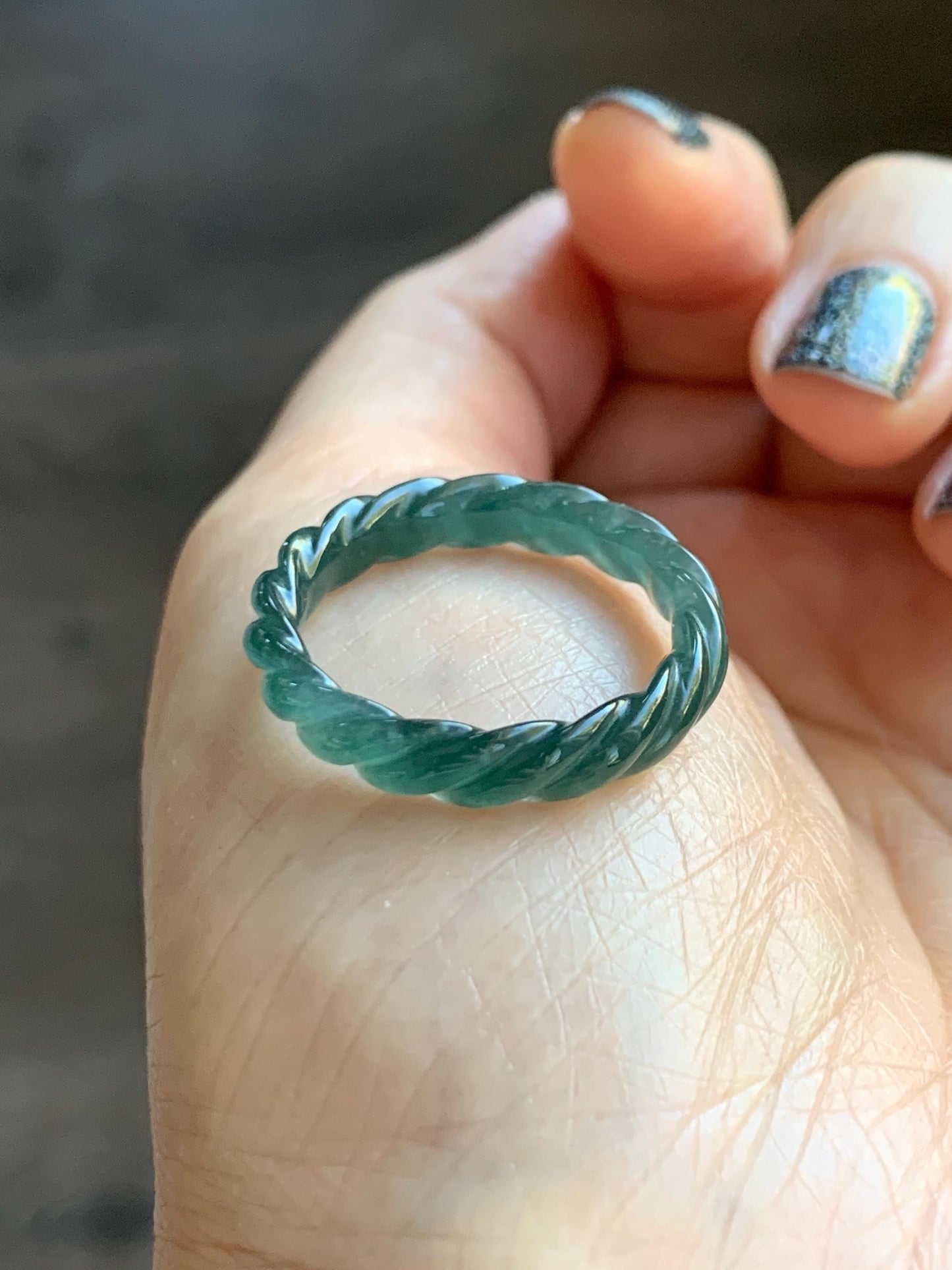 Natural Grade A Guatemalan Icy Translucent Gelatinous Dark Teal Blue Jade Jadeite Carved Braid Band Ring Size 9.25 US 天然冰危蓝水翡翠麻花戒圈 MHW66B