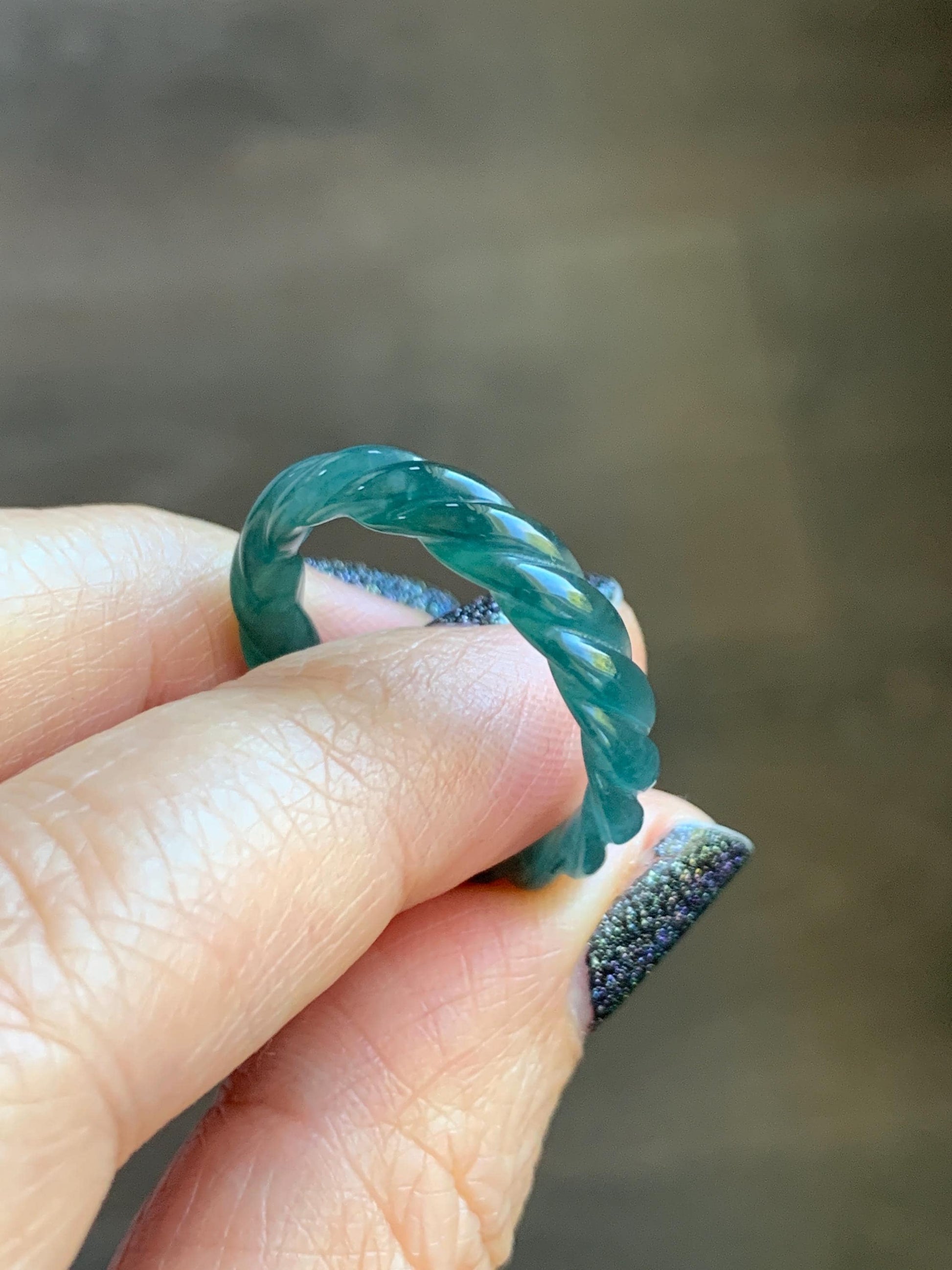 Natural Grade A Guatemalan Icy Translucent Gelatinous Dark Teal Blue Jade Jadeite Carved Braid Band Ring Size 9.25 US 天然冰危蓝水翡翠麻花戒圈 MHW66B