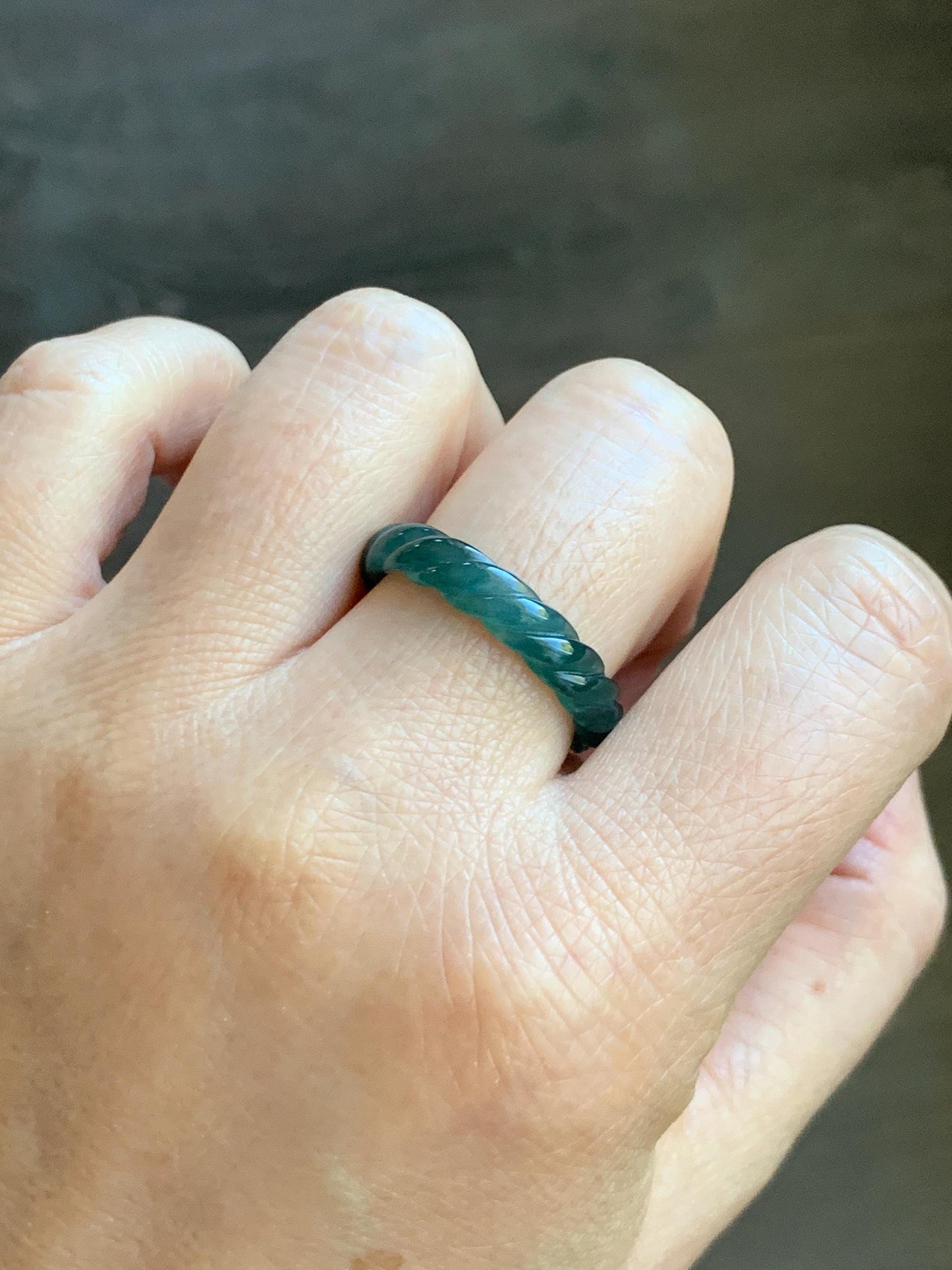 Natural Grade A Guatemalan Icy Translucent Gelatinous Dark Teal Blue Jade Jadeite Carved Braid Band Ring Size 9.25 US 天然冰危蓝水翡翠麻花戒圈 MHW66B