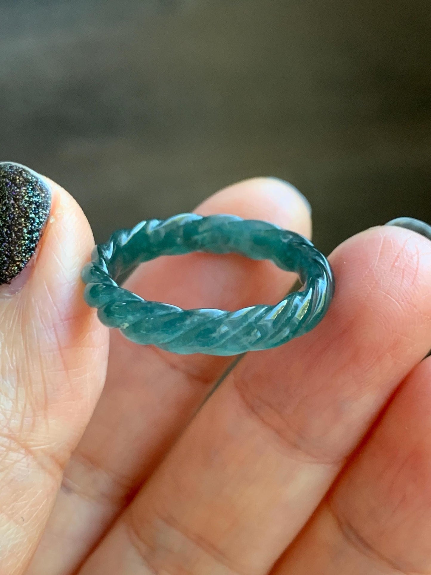 Natural Grade A Guatemalan Icy Translucent Gelatinous Dark Teal Blue Jade Jadeite Carved Braid Band Ring Size 9.25 US 天然冰危蓝水翡翠麻花戒圈 MHW66B