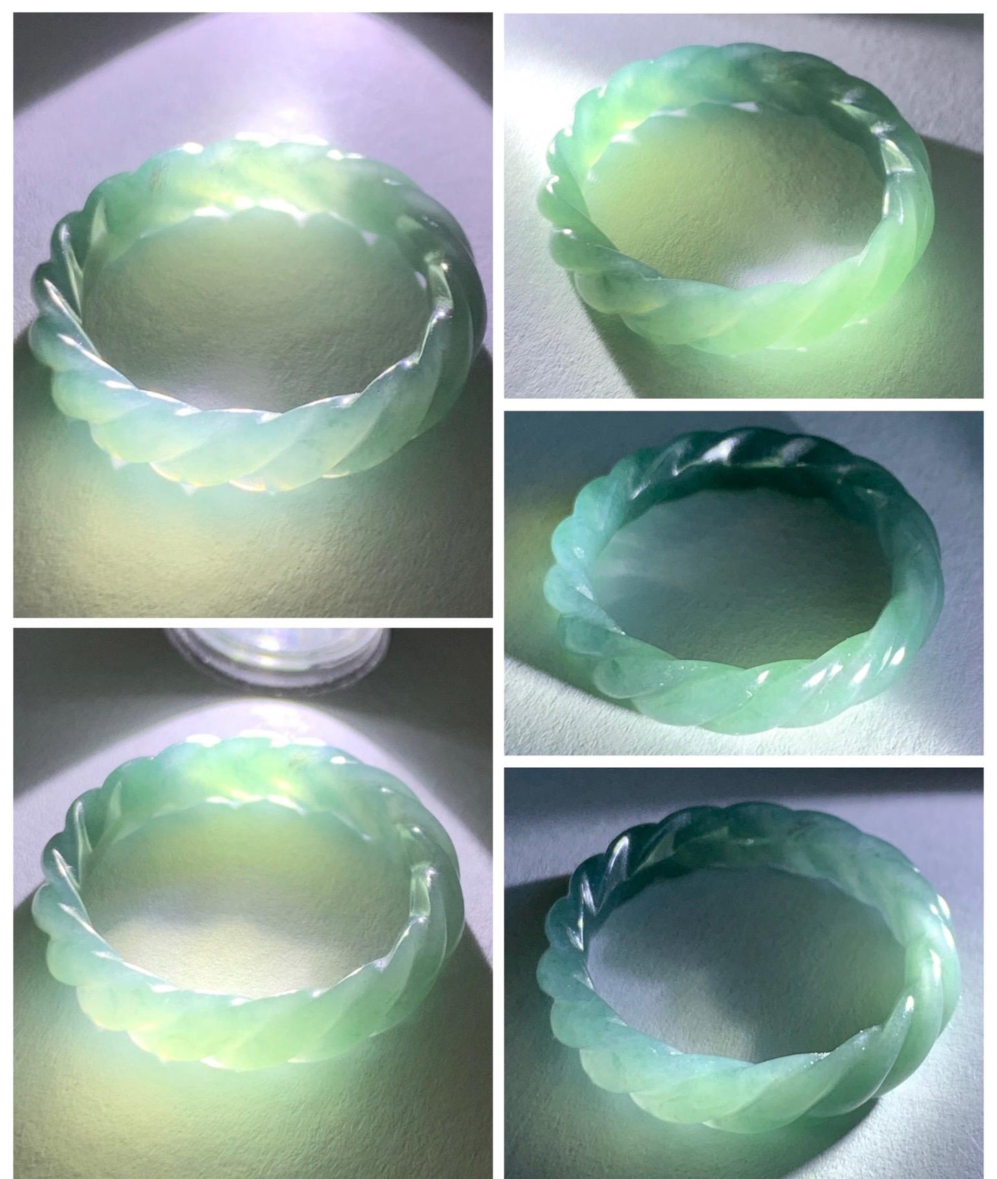 Natural Grade A Guatemalan Icy Translucent Gelatinous Dusty Teal Jade Jadeite Carved Braid Band Ring Size 8 US 天然冰危暗蓝绿翡翠麻花戒圈 MHW66C