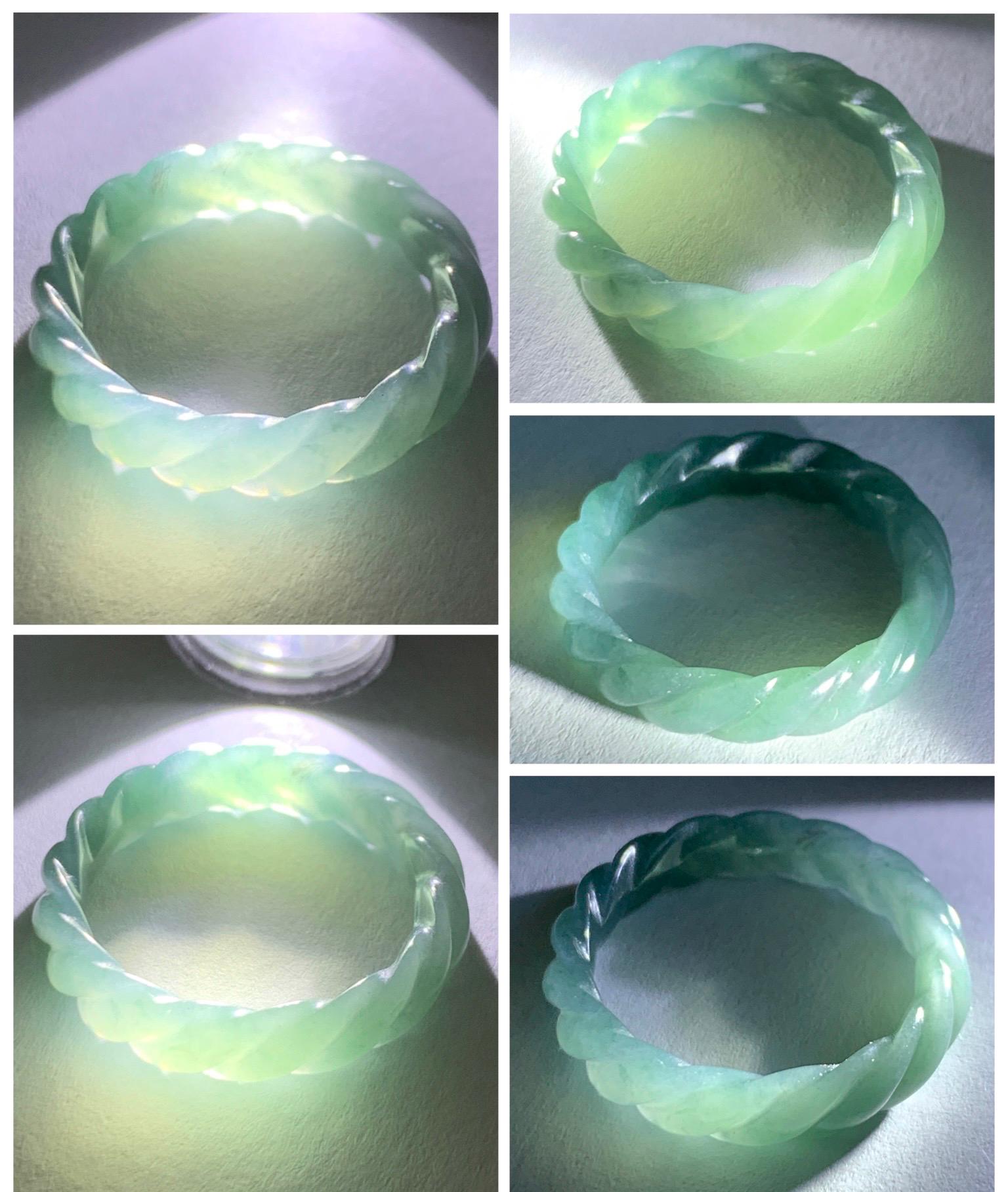Natural Grade A Guatemalan Icy Translucent Gelatinous Dusty Teal Jade Jadeite Carved Braid Band Ring Size 8 US 天然冰危暗蓝绿翡翠麻花戒圈 MHW66C