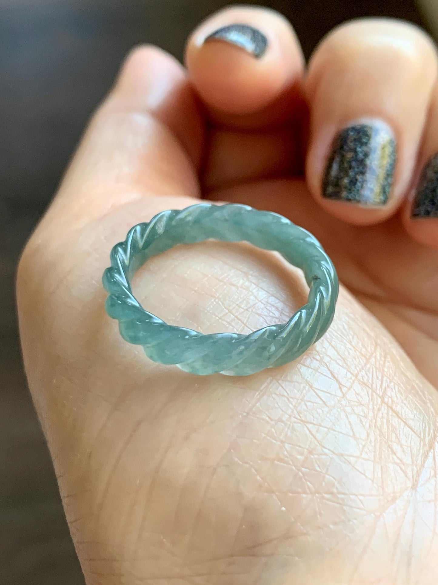 Natural Grade A Guatemalan Icy Translucent Gelatinous Dusty Teal Jade Jadeite Carved Braid Band Ring Size 8 US 天然冰危暗蓝绿翡翠麻花戒圈 MHW66C