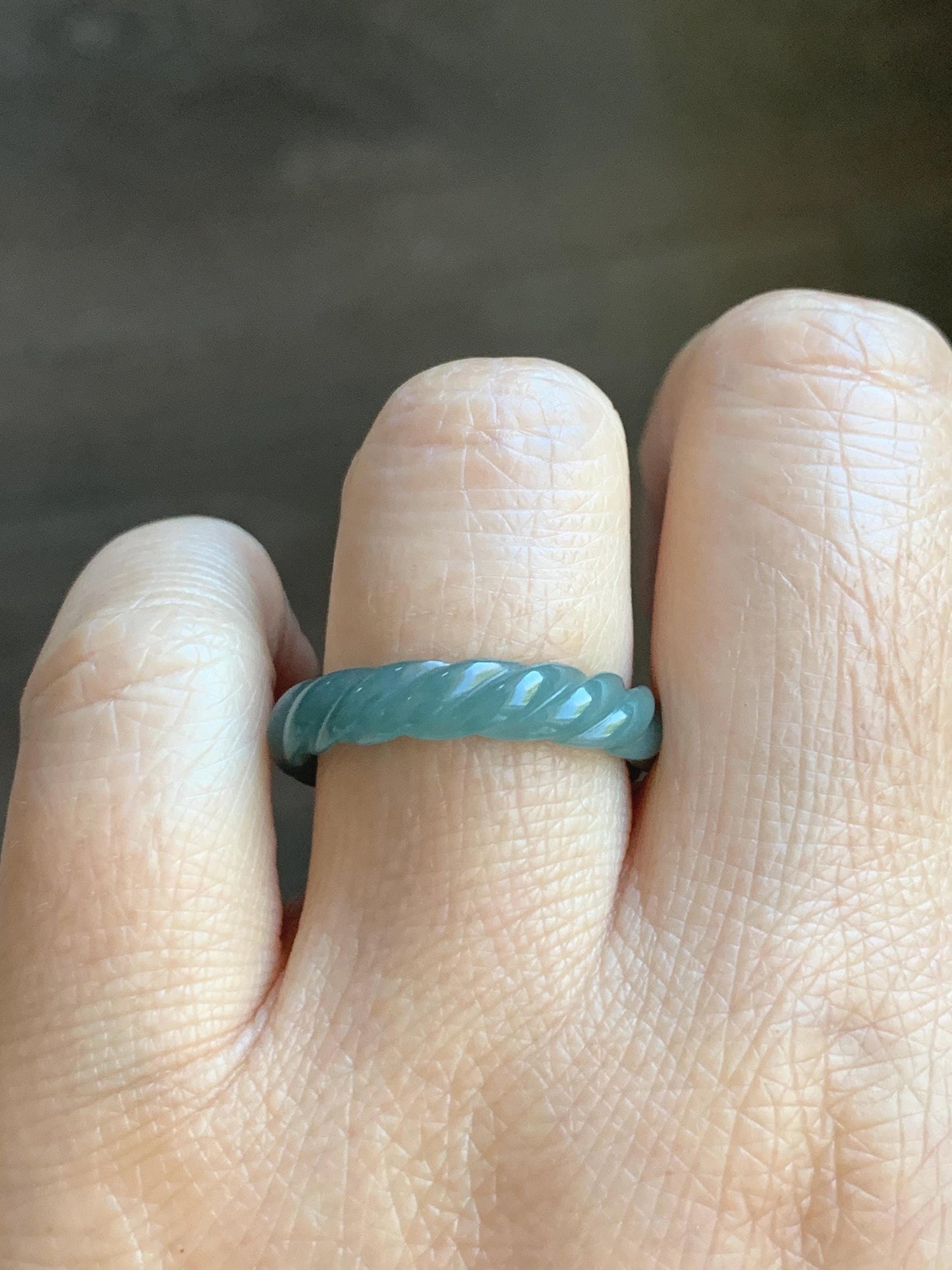 Natural Grade A Guatemalan Icy Translucent Gelatinous Dusty Teal Jade Jadeite Carved Braid Band Ring Size 8 US 天然冰危暗蓝绿翡翠麻花戒圈 MHW66C