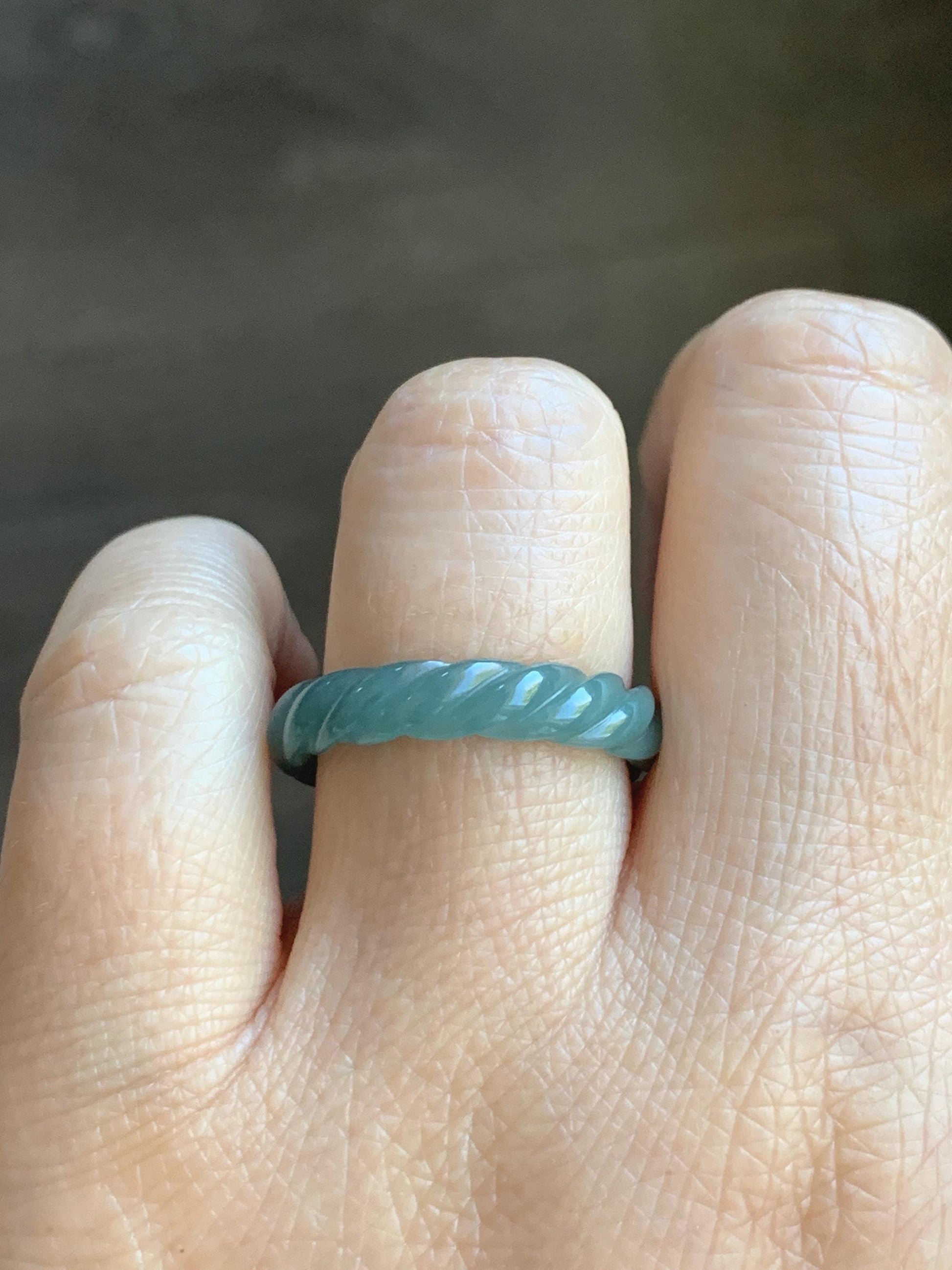 Natural Grade A Guatemalan Icy Translucent Gelatinous Dusty Teal Jade Jadeite Carved Braid Band Ring Size 8 US 天然冰危暗蓝绿翡翠麻花戒圈 MHW66C