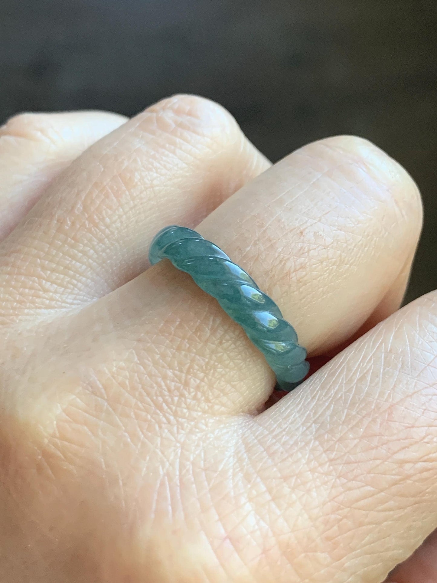 Natural Grade A Guatemalan Icy Translucent Gelatinous Dusty Teal Jade Jadeite Carved Braid Band Ring Size 8 US 天然冰危暗蓝绿翡翠麻花戒圈 MHW66C