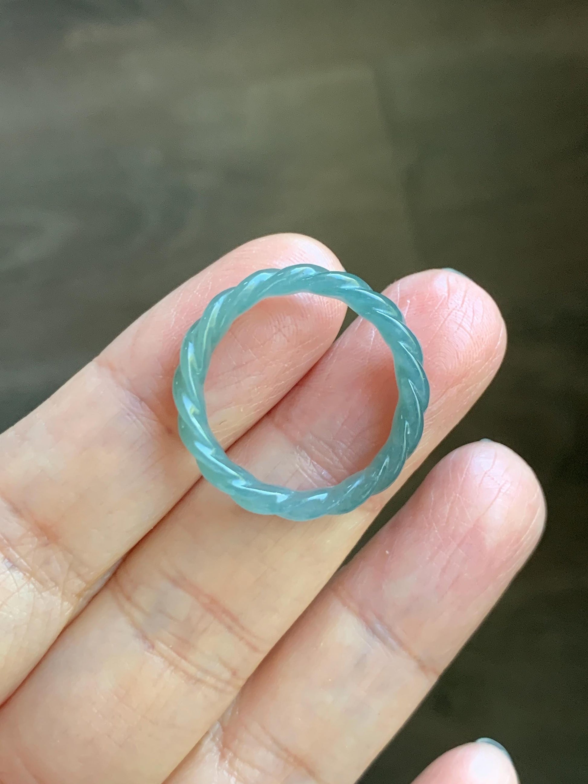 Natural Grade A Guatemalan Icy Translucent Gelatinous Dusty Teal Jade Jadeite Carved Braid Band Ring Size 8 US 天然冰危暗蓝绿翡翠麻花戒圈 MHW66C