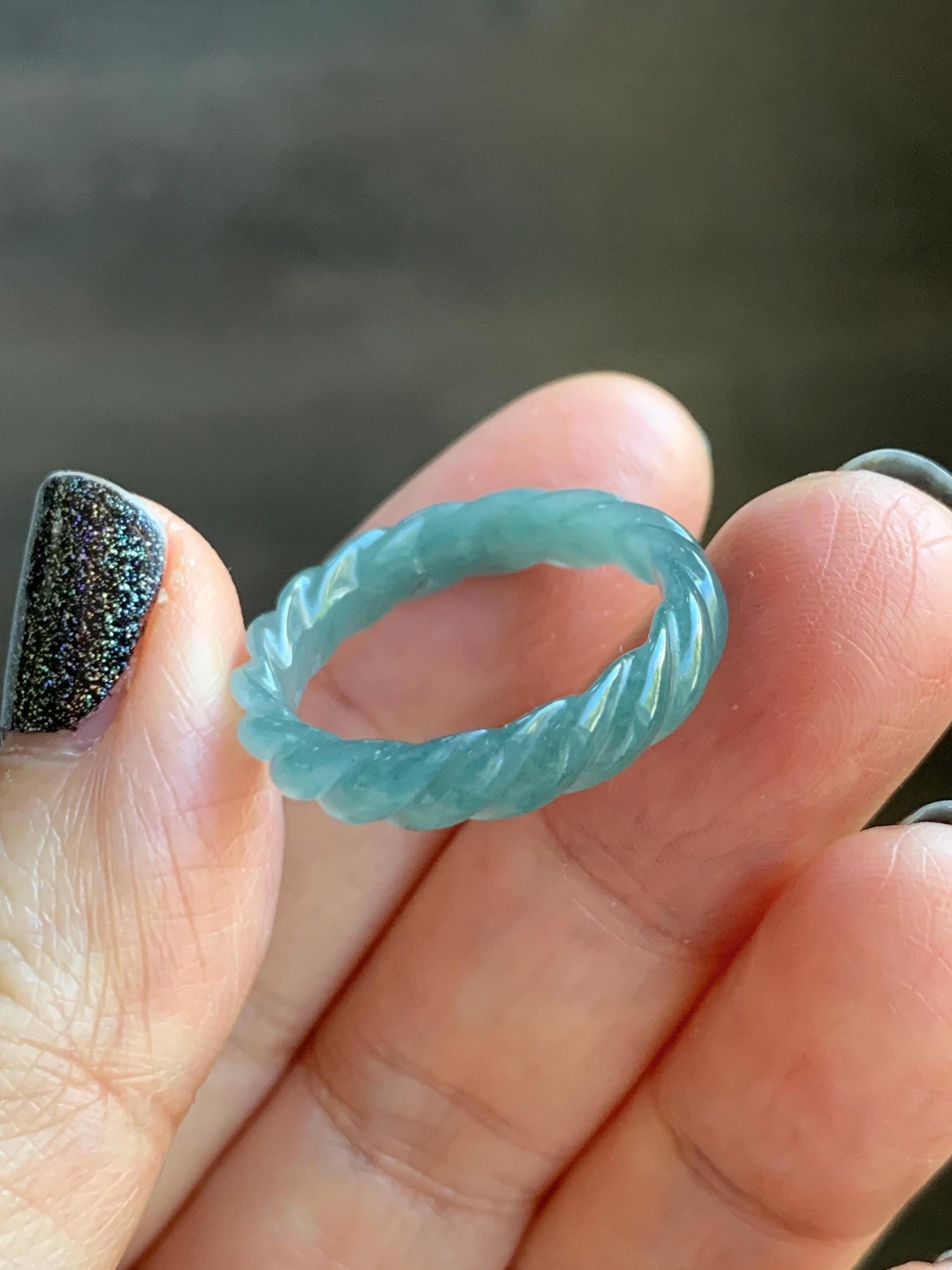 Natural Grade A Guatemalan Icy Translucent Gelatinous Dusty Teal Jade Jadeite Carved Braid Band Ring Size 8 US 天然冰危暗蓝绿翡翠麻花戒圈 MHW66C