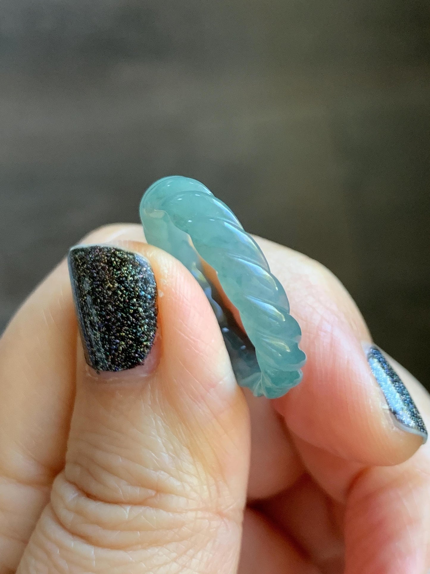 Natural Grade A Guatemalan Icy Translucent Gelatinous Dusty Teal Jade Jadeite Carved Braid Band Ring Size 8 US 天然冰危暗蓝绿翡翠麻花戒圈 MHW66C
