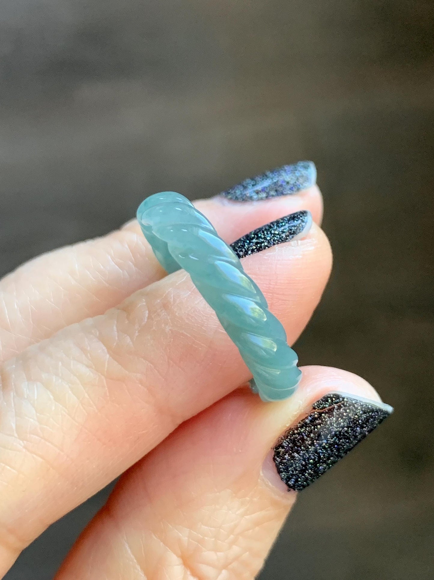 Natural Grade A Guatemalan Icy Translucent Gelatinous Dusty Teal Jade Jadeite Carved Braid Band Ring Size 8 US 天然冰危暗蓝绿翡翠麻花戒圈 MHW66C