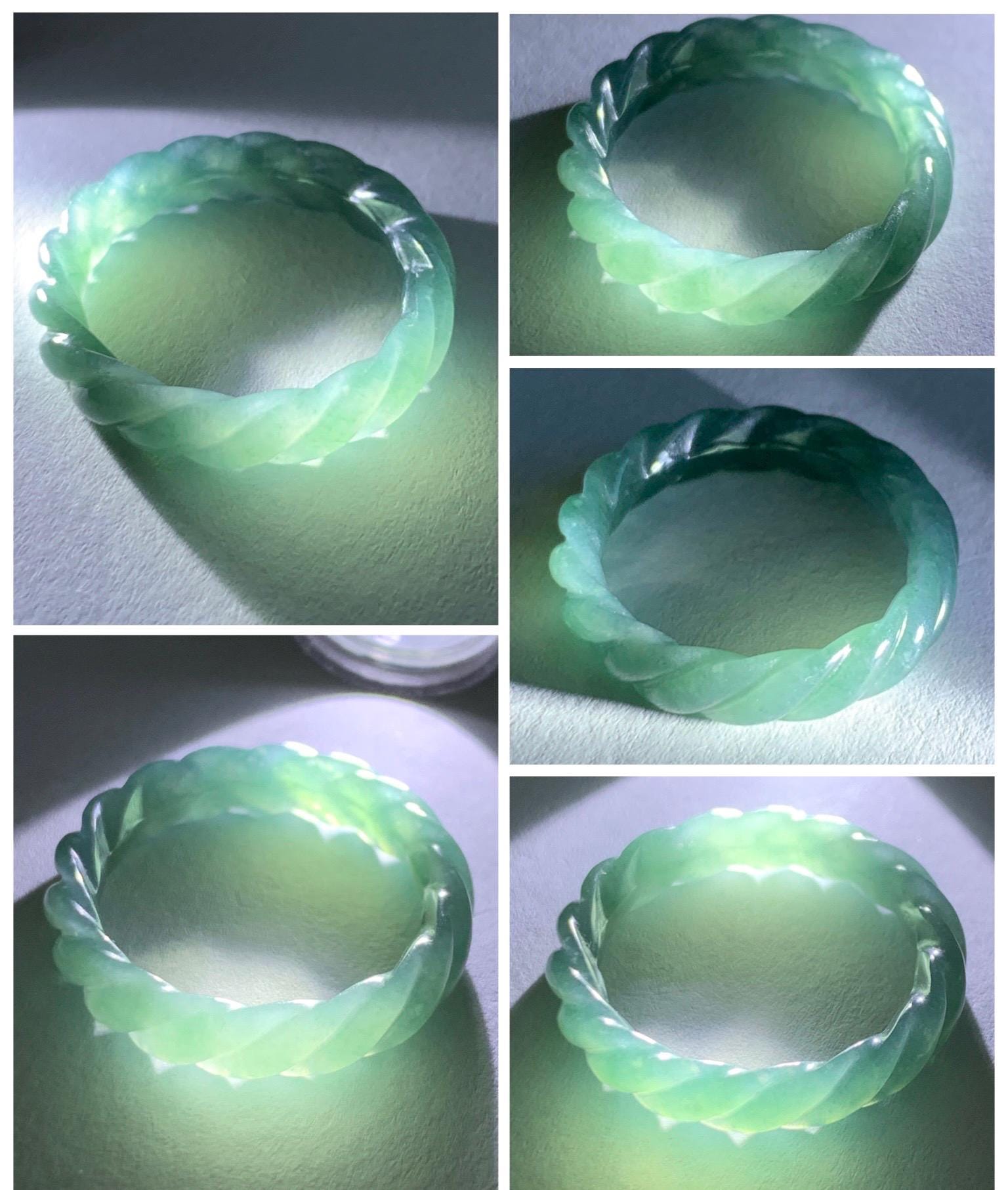 Natural Grade A Guatemalan Icy Translucent Gelatinous Dark Teal Blue Jade Jadeite Carved Braid Band Ring Size 7 US 天然冰危深蓝绿翡翠麻花戒圈 MHW66D