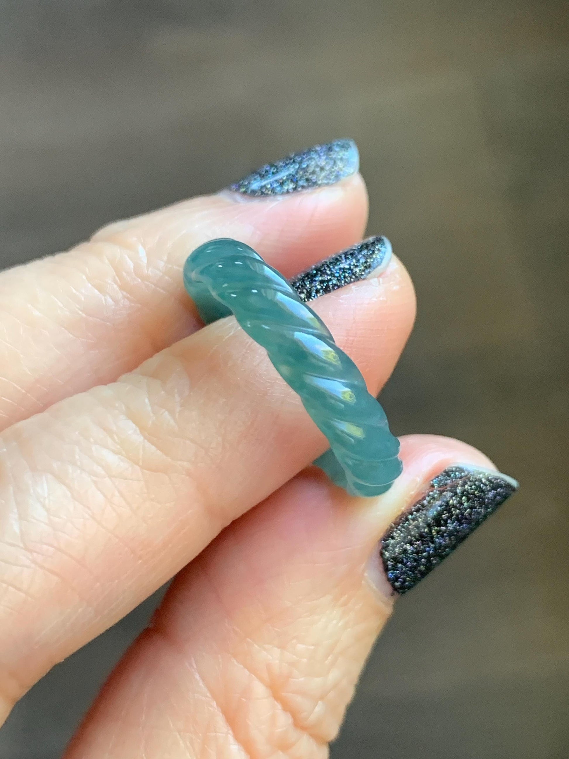 Natural Grade A Guatemalan Icy Translucent Gelatinous Dark Teal Blue Jade Jadeite Carved Braid Band Ring Size 7 US 天然冰危深蓝绿翡翠麻花戒圈 MHW66D