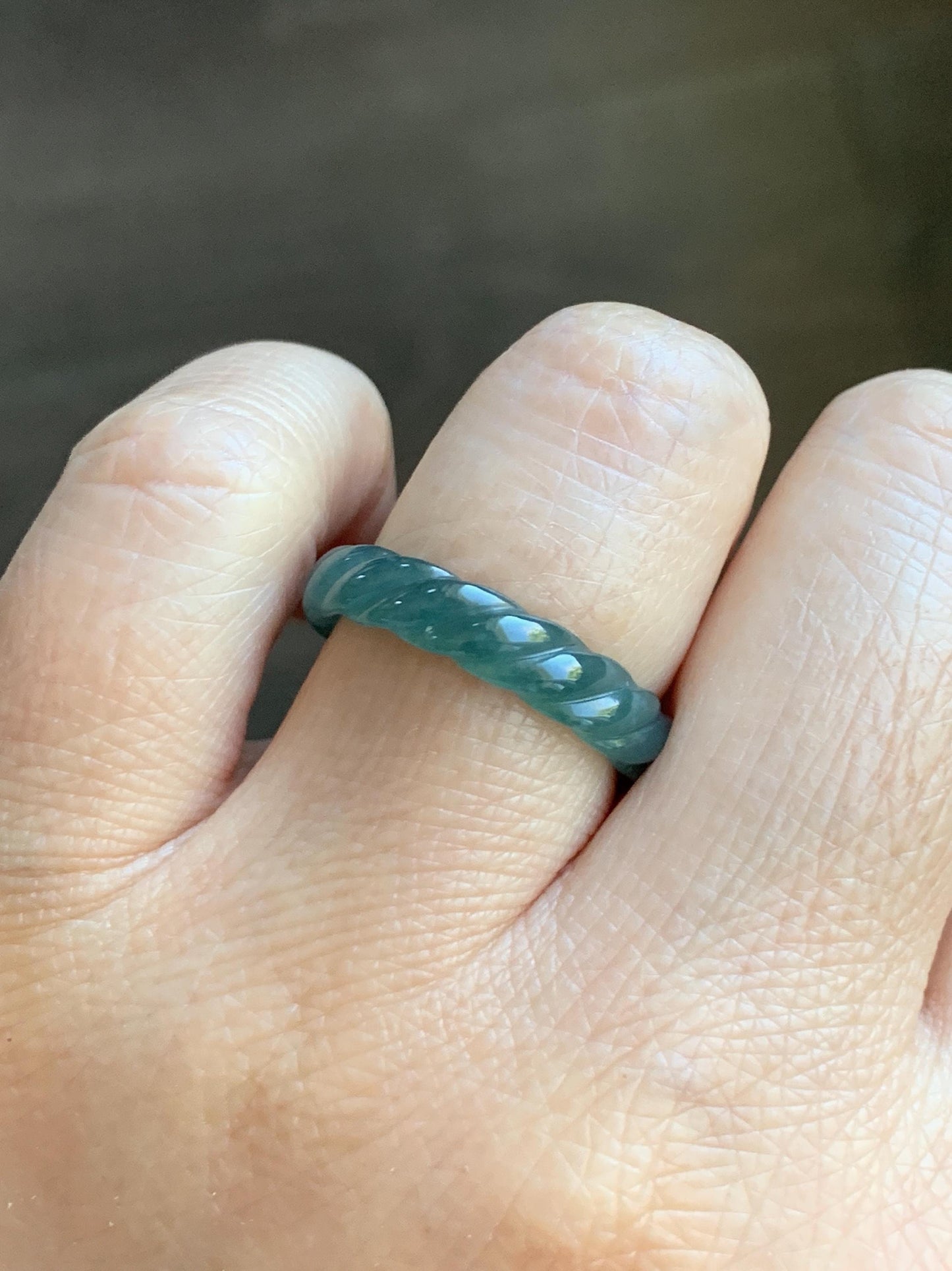 Natural Grade A Guatemalan Icy Translucent Gelatinous Dark Teal Blue Jade Jadeite Carved Braid Band Ring Size 7 US 天然冰危深蓝绿翡翠麻花戒圈 MHW66D
