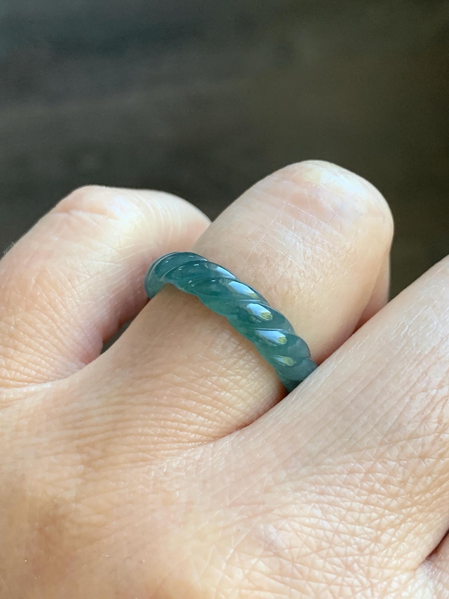 Natural Grade A Guatemalan Icy Translucent Gelatinous Dark Teal Blue Jade Jadeite Carved Braid Band Ring Size 7 US 天然冰危深蓝绿翡翠麻花戒圈 MHW66D