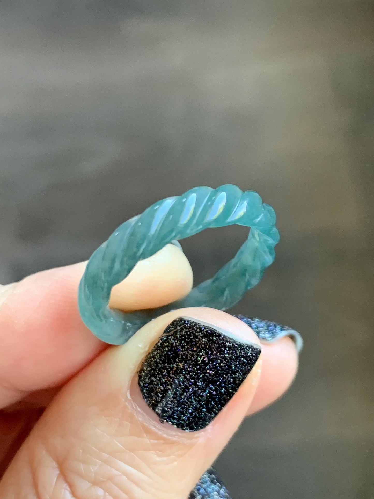 Natural Grade A Guatemalan Icy Translucent Gelatinous Dark Teal Blue Jade Jadeite Carved Braid Band Ring Size 7 US 天然冰危深蓝绿翡翠麻花戒圈 MHW66D