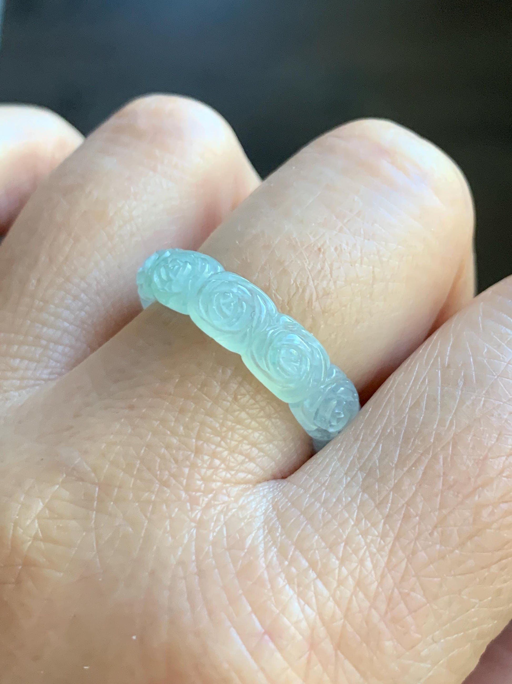 Certified Grade A Natural Icy Translucent White Green Marbled Jade Jadeite Carved Rose Band Ring Comfort Fit Size 8.25 US 天然白冰胶飘花翡翠玫瑰花戒圈 108