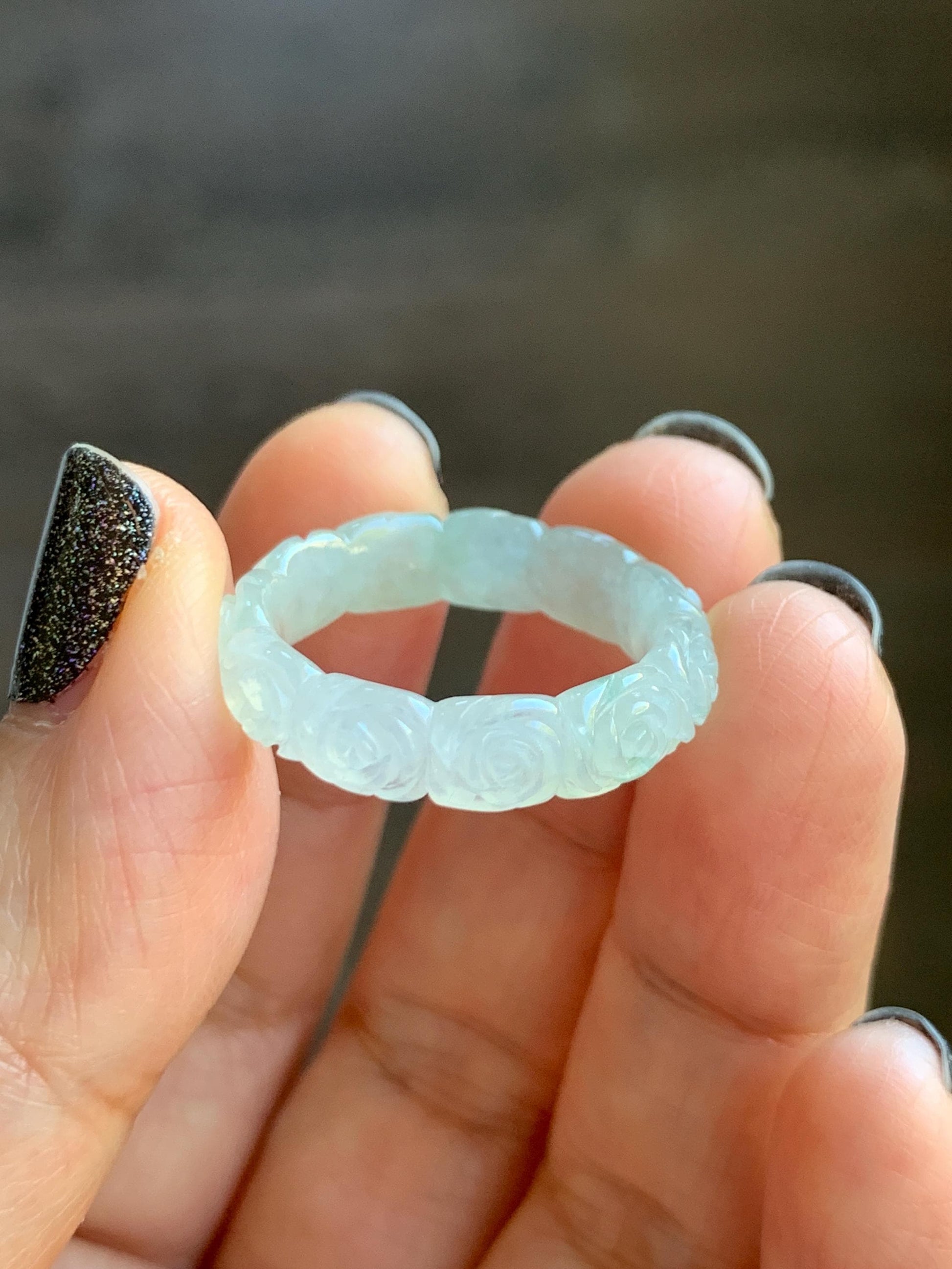 Certified Grade A Natural Icy Translucent White Green Marbled Jade Jadeite Carved Rose Band Ring Comfort Fit Size 8.25 US 天然白冰胶飘花翡翠玫瑰花戒圈 108