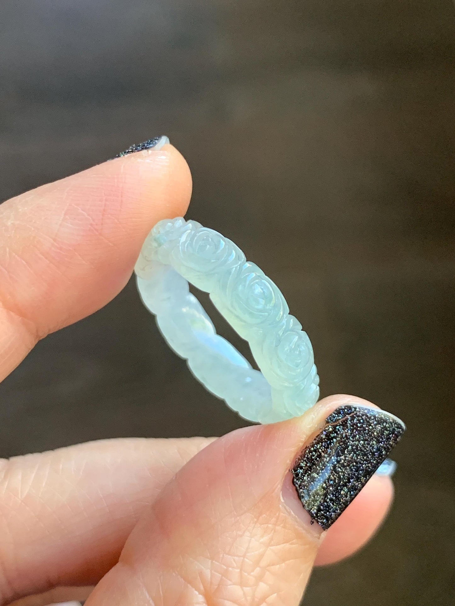 Certified Grade A Natural Icy Translucent White Green Marbled Jade Jadeite Carved Rose Band Ring Comfort Fit Size 8.25 US 天然白冰胶飘花翡翠玫瑰花戒圈 108