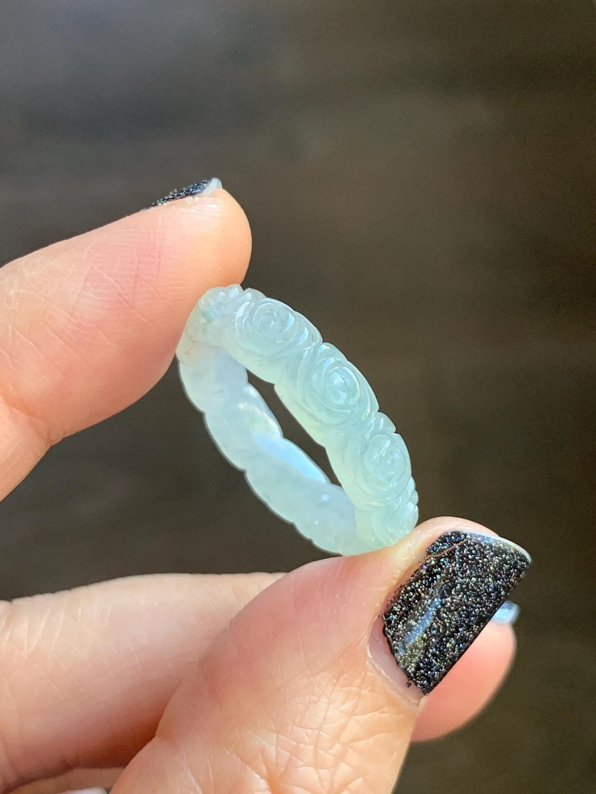 Certified Grade A Natural Icy Translucent White Green Marbled Jade Jadeite Carved Rose Band Ring Comfort Fit Size 8.25 US 天然白冰胶飘花翡翠玫瑰花戒圈 108