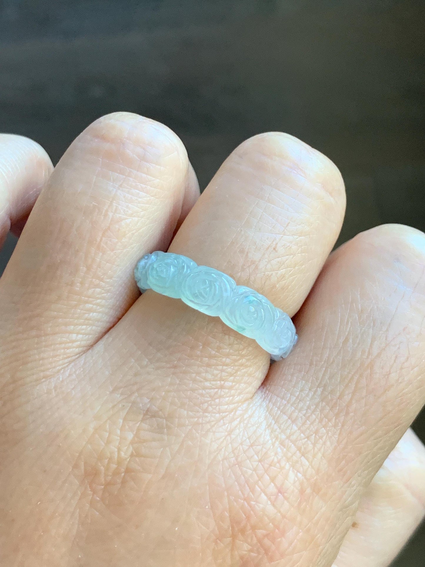 Certified Grade A Natural Icy Translucent White Green Marbled Jade Jadeite Carved Rose Band Ring Comfort Fit Size 8.25 US 天然白冰胶飘花翡翠玫瑰花戒圈 108