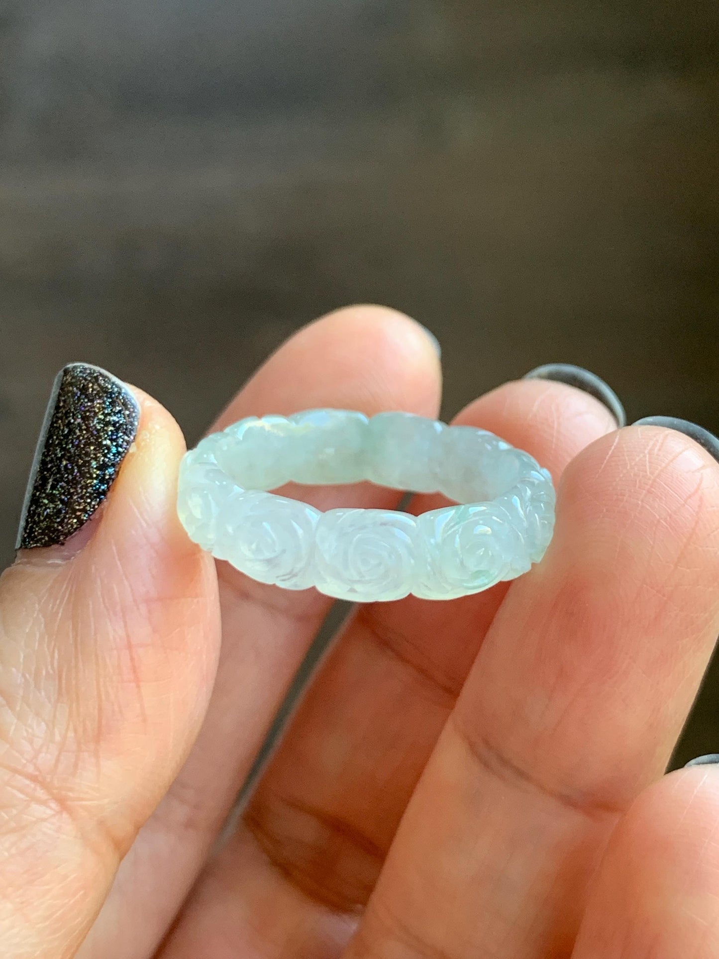 Certified Grade A Natural Icy Translucent White Green Marbled Jade Jadeite Carved Rose Band Ring Comfort Fit Size 8.25 US 天然白冰胶飘花翡翠玫瑰花戒圈 108