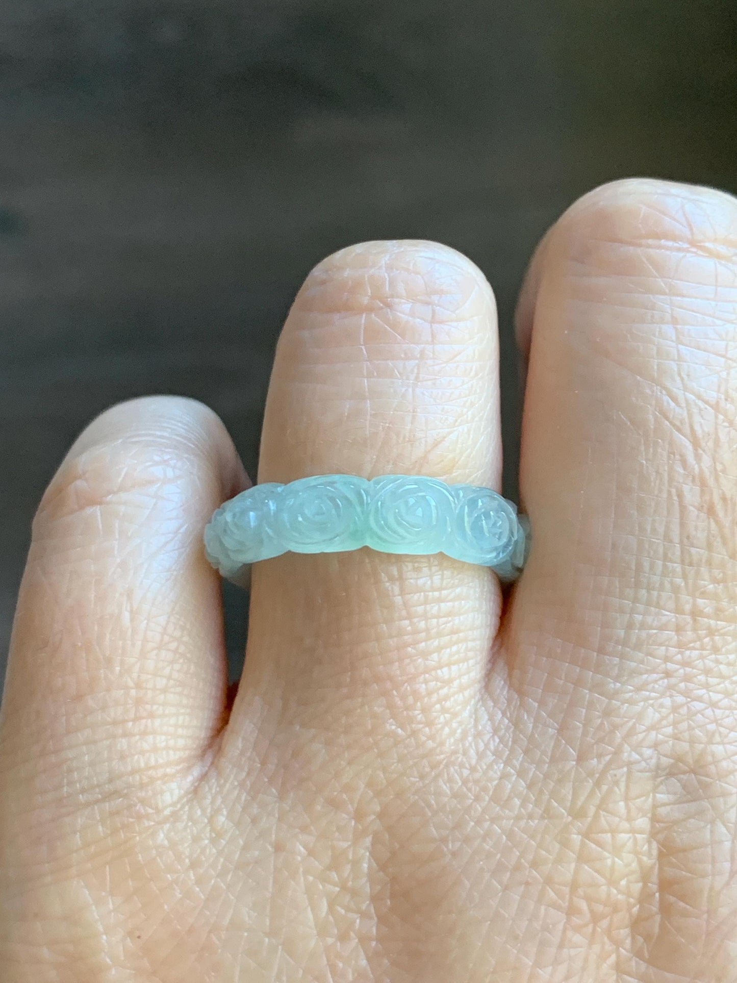 Certified Grade A Natural Icy Translucent White Green Marbled Jade Jadeite Carved Rose Band Ring Comfort Fit Size 8.25 US 天然白冰胶飘花翡翠玫瑰花戒圈 108