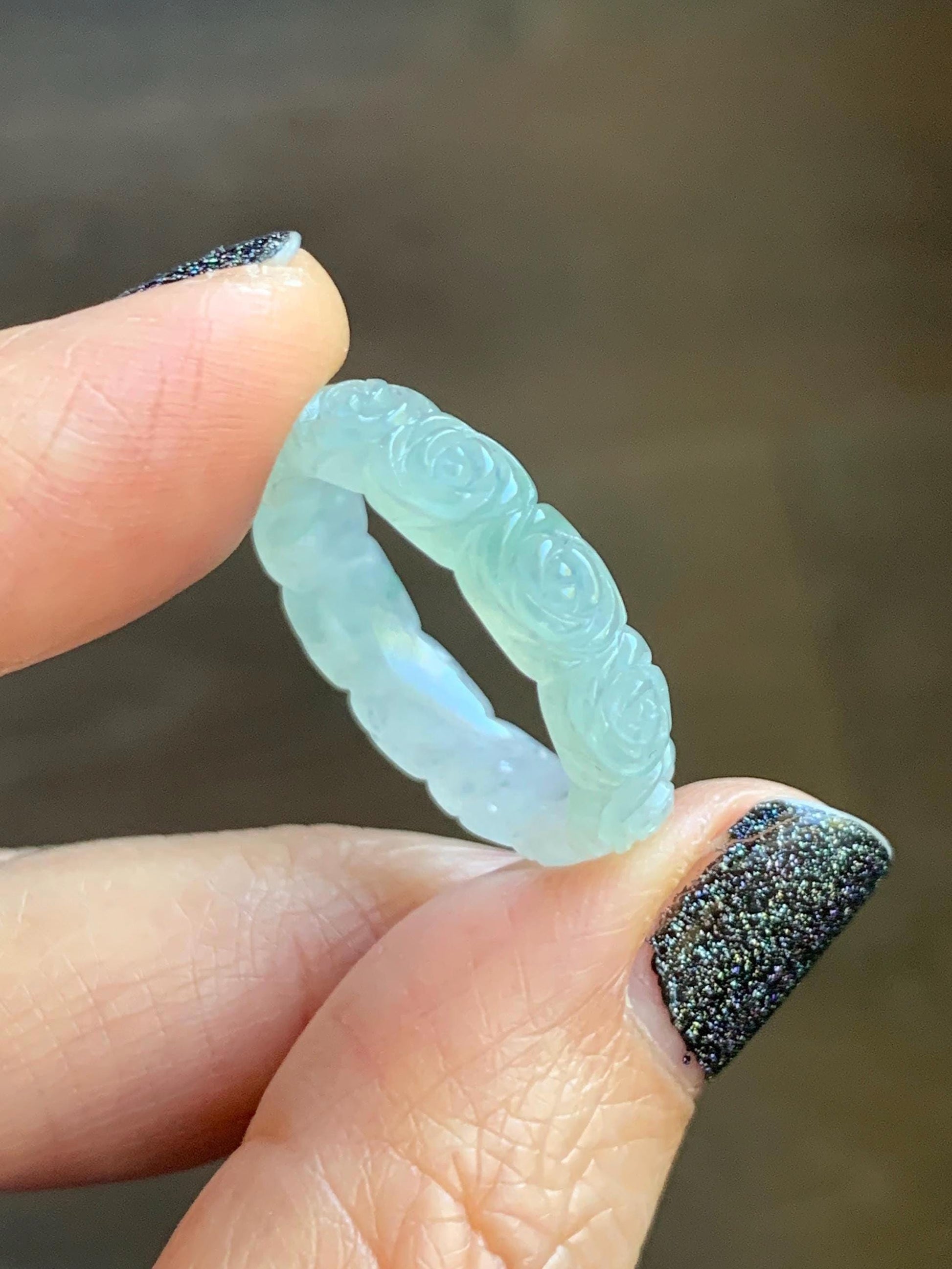 Certified Grade A Natural Icy Translucent White Green Marbled Jade Jadeite Carved Rose Band Ring Comfort Fit Size 8.25 US 天然白冰胶飘花翡翠玫瑰花戒圈 108