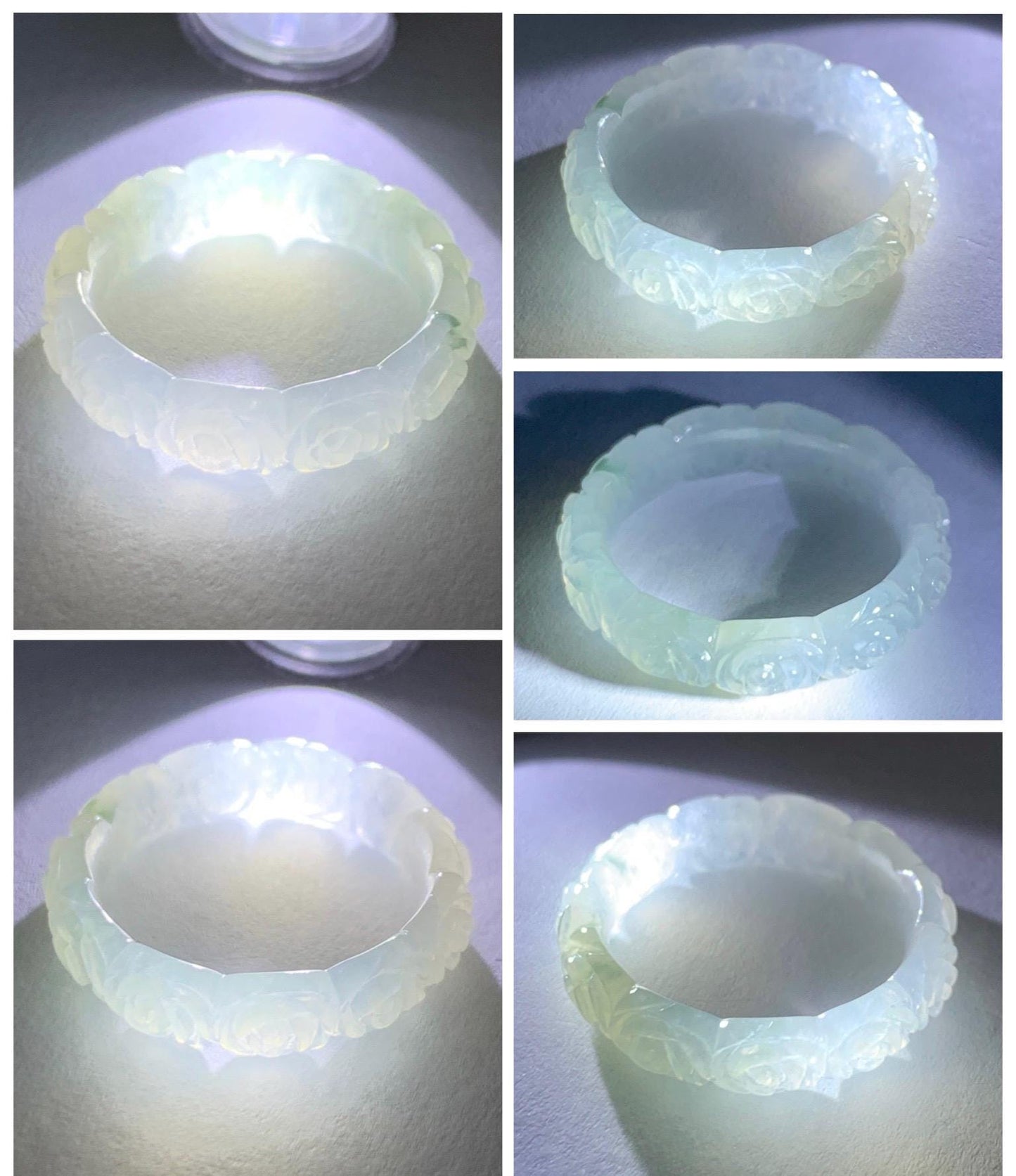 Certified Grade A Natural Icy Translucent White Green Marbled Jade Jadeite Carved Rose Band Ring Comfort Fit Size 8.25 US 天然白冰胶飘花翡翠玫瑰花戒圈 106