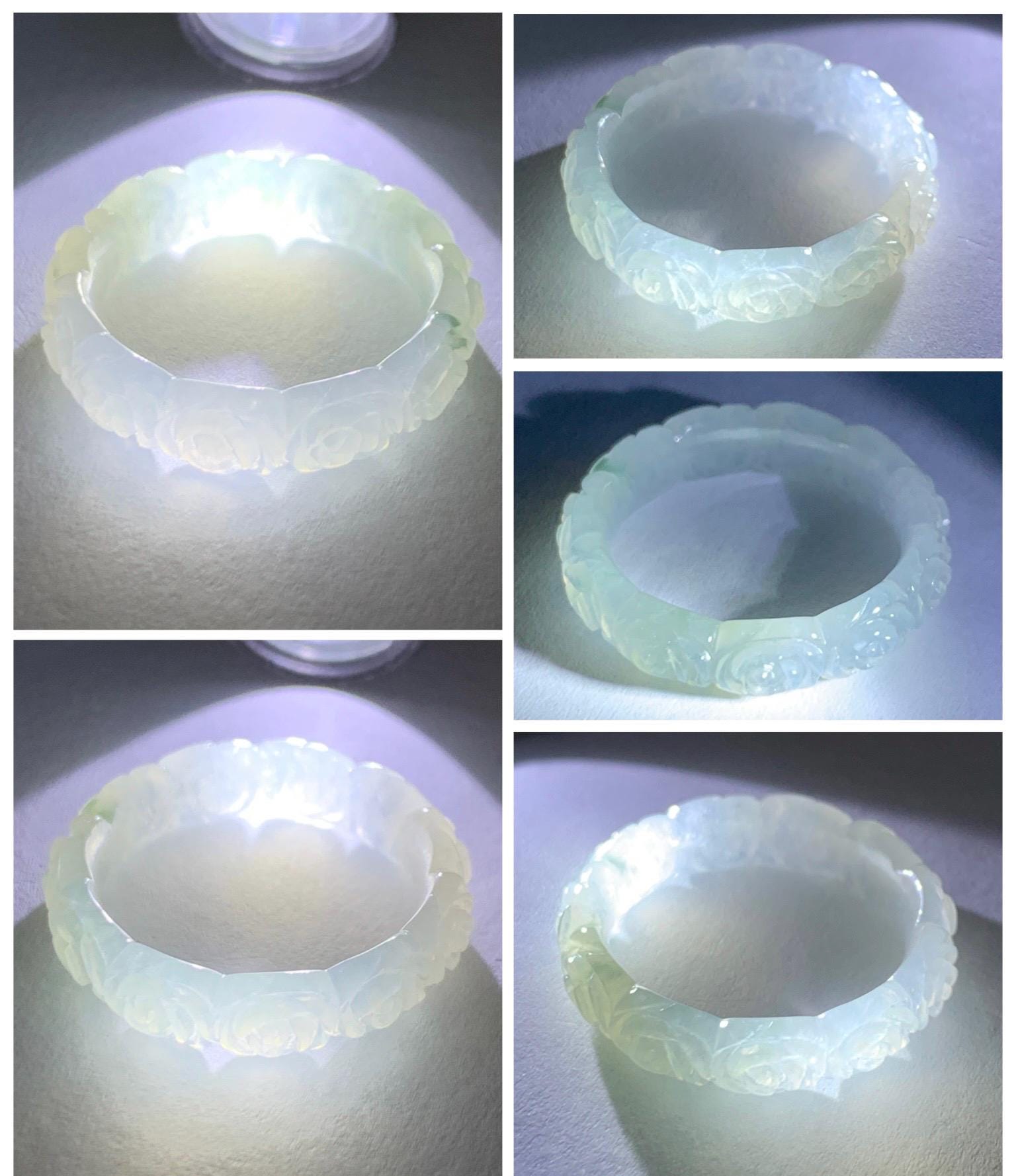 Certified Grade A Natural Icy Translucent White Green Marbled Jade Jadeite Carved Rose Band Ring Comfort Fit Size 8.25 US 天然白冰胶飘花翡翠玫瑰花戒圈 106