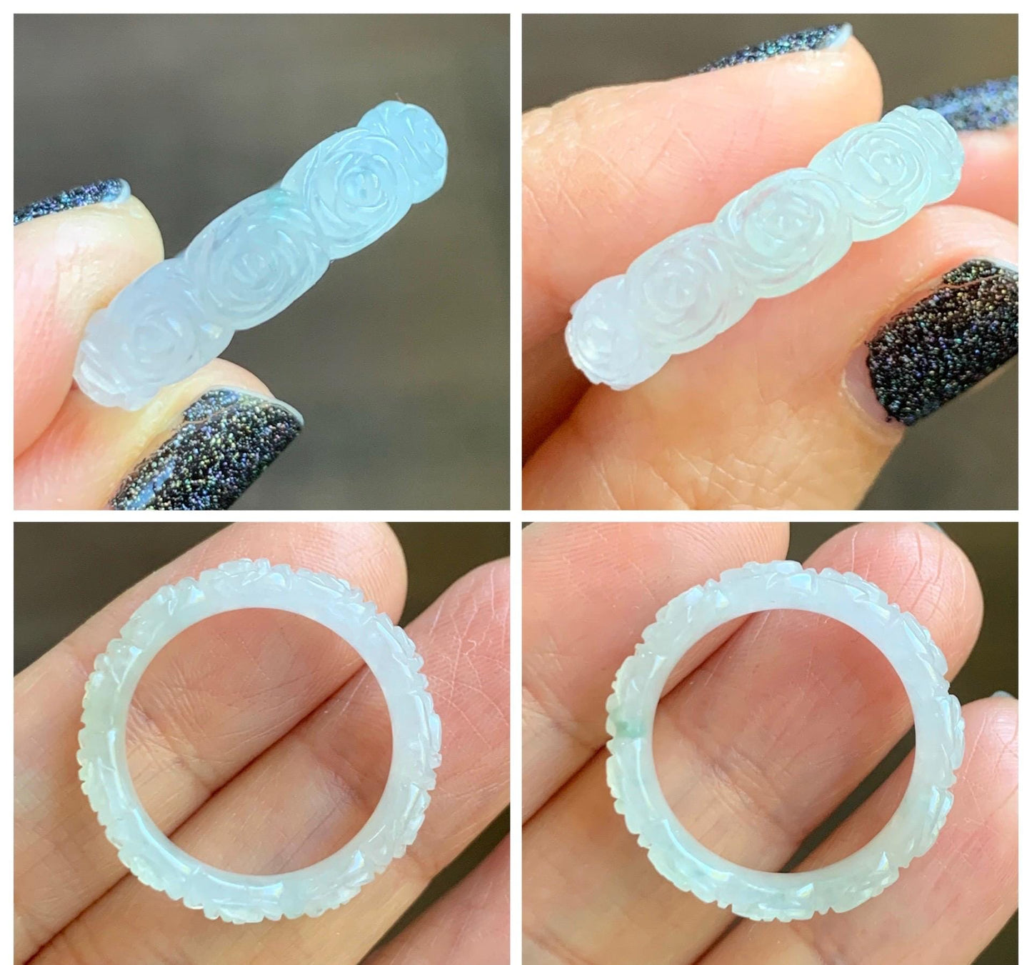 Certified Grade A Natural Icy Translucent White Green Marbled Jade Jadeite Carved Rose Band Ring Comfort Fit Size 8.25 US 天然白冰胶飘花翡翠玫瑰花戒圈 106