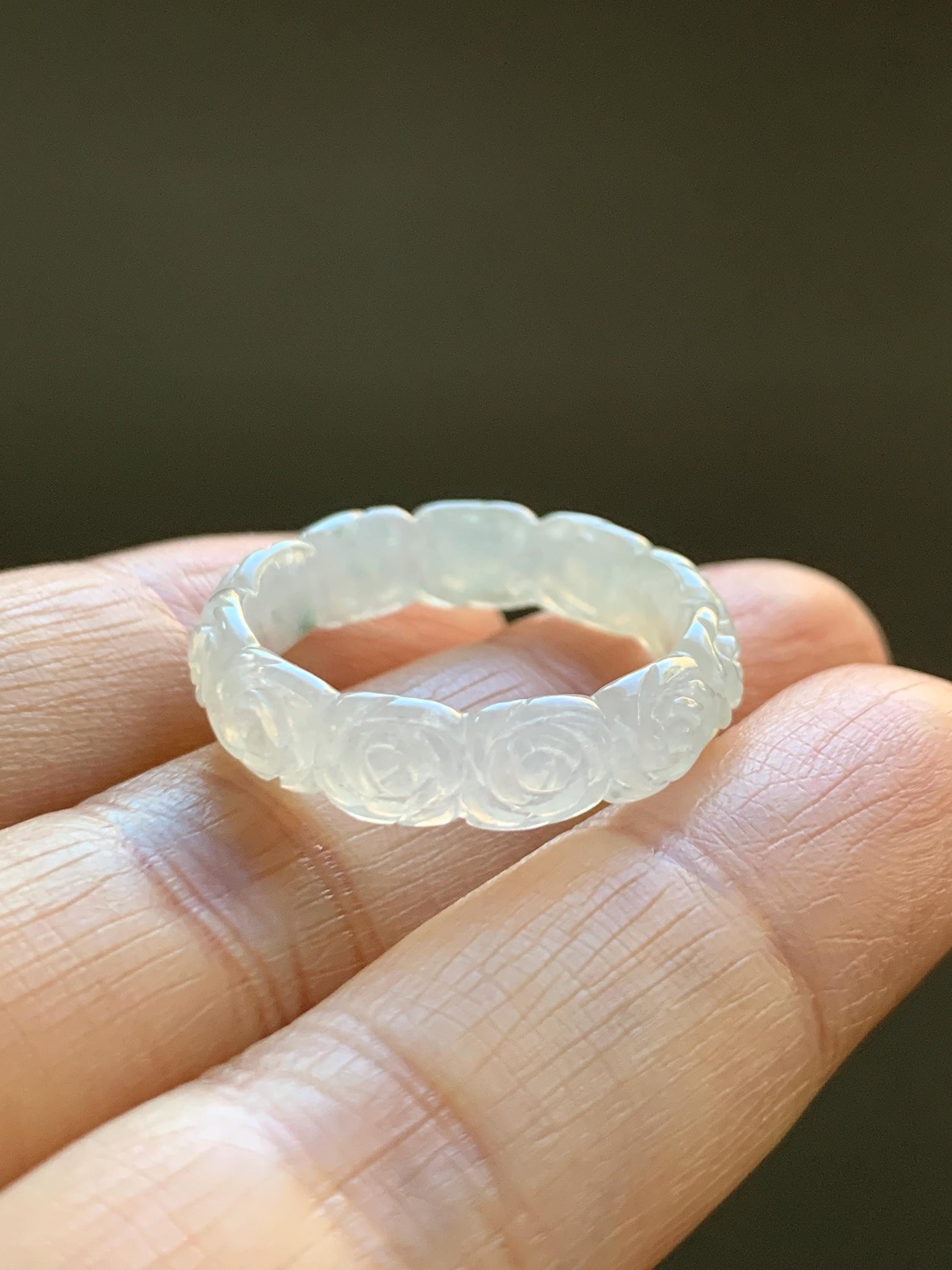 Certified Grade A Natural Icy Translucent White Green Marbled Jade Jadeite Carved Rose Band Ring Comfort Fit Size 8.25 US 天然白冰胶飘花翡翠玫瑰花戒圈 106