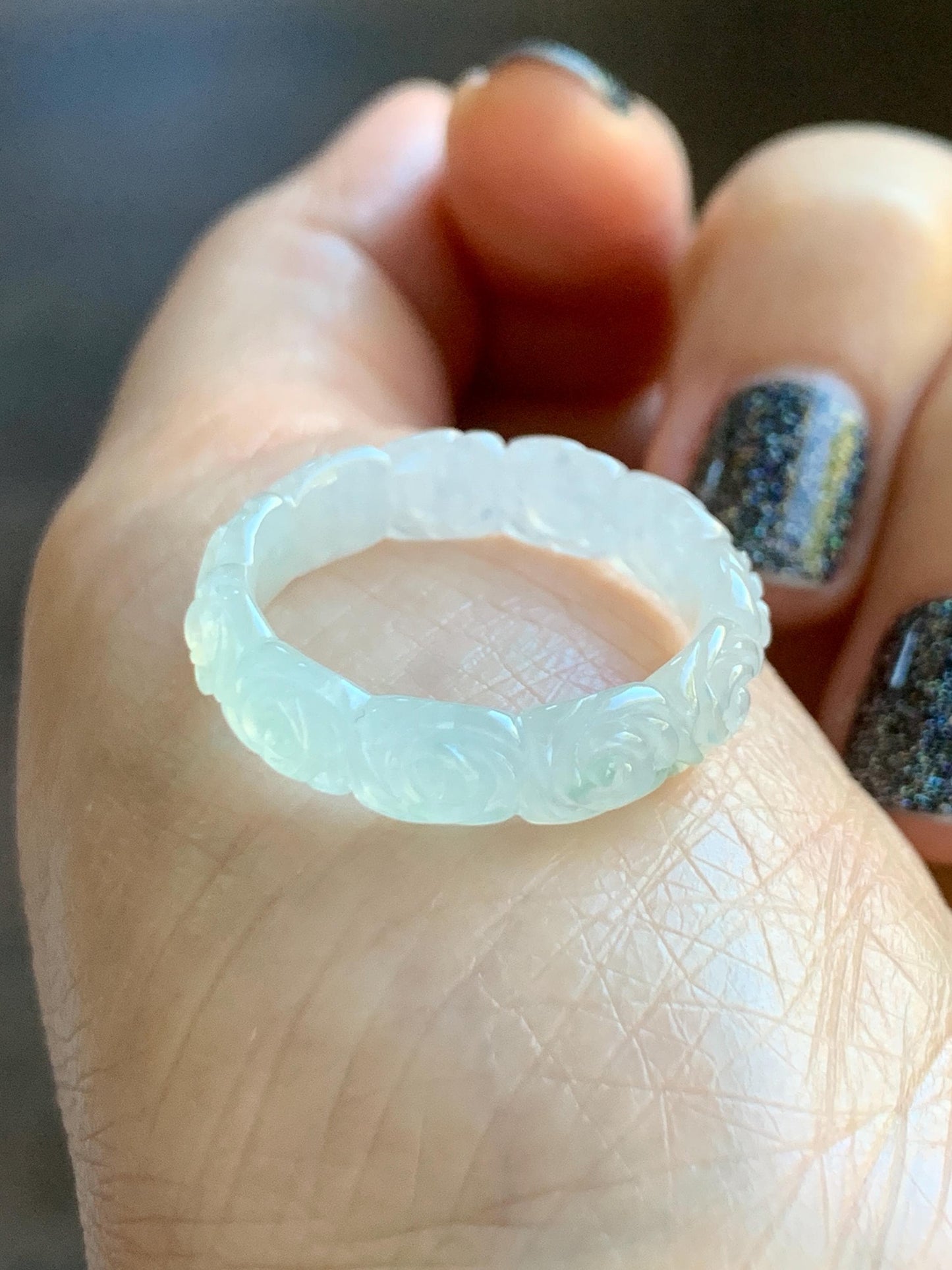 Certified Grade A Natural Icy Translucent White Green Marbled Jade Jadeite Carved Rose Band Ring Comfort Fit Size 8.25 US 天然白冰胶飘花翡翠玫瑰花戒圈 106