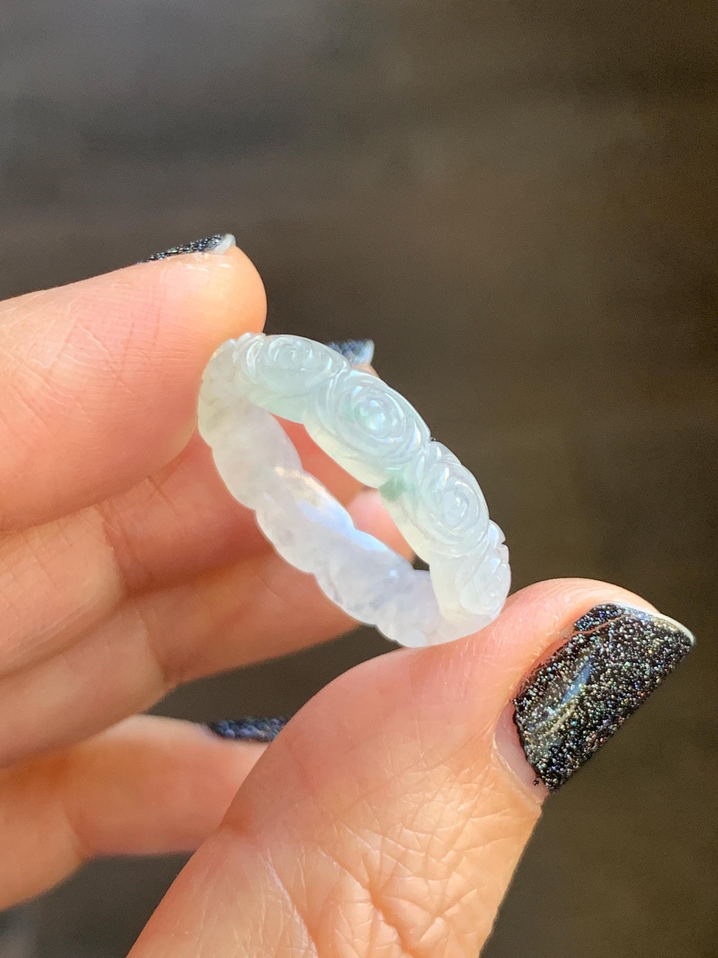 Certified Grade A Natural Icy Translucent White Green Marbled Jade Jadeite Carved Rose Band Ring Comfort Fit Size 8.25 US 天然白冰胶飘花翡翠玫瑰花戒圈 106