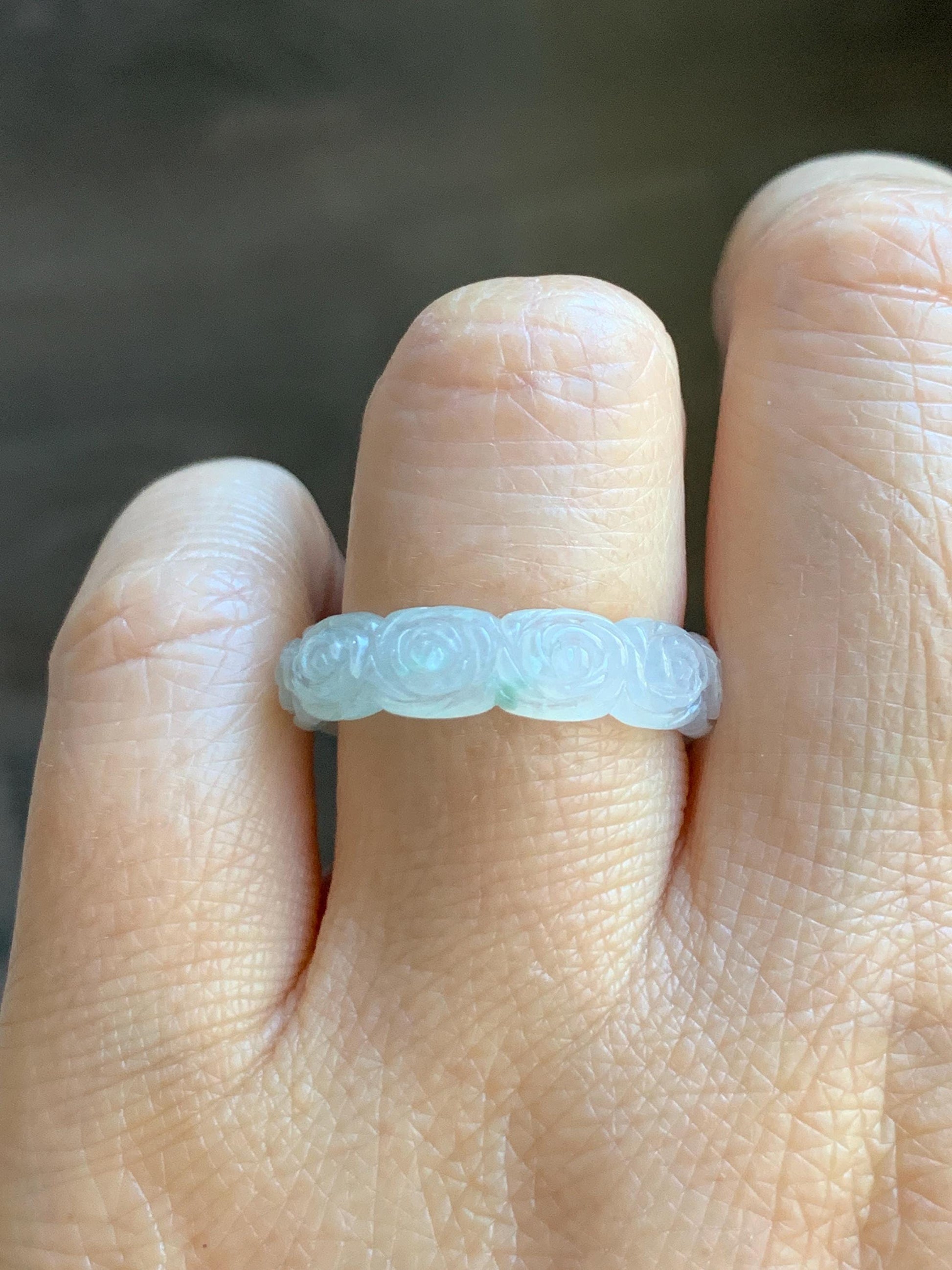 Certified Grade A Natural Icy Translucent White Green Marbled Jade Jadeite Carved Rose Band Ring Comfort Fit Size 8.25 US 天然白冰胶飘花翡翠玫瑰花戒圈 106