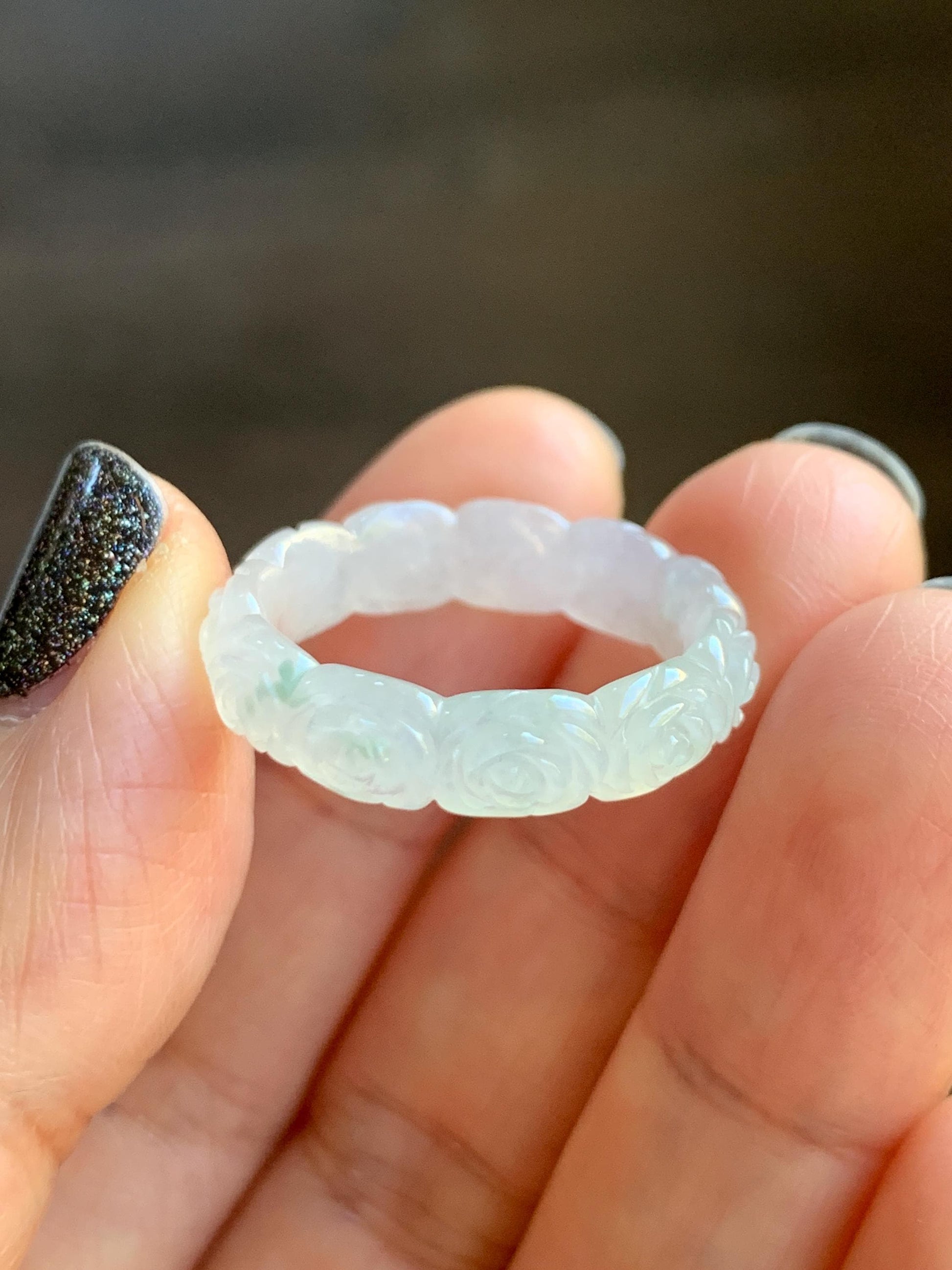 Certified Grade A Natural Icy Translucent White Green Marbled Jade Jadeite Carved Rose Band Ring Comfort Fit Size 8.25 US 天然白冰胶飘花翡翠玫瑰花戒圈 106