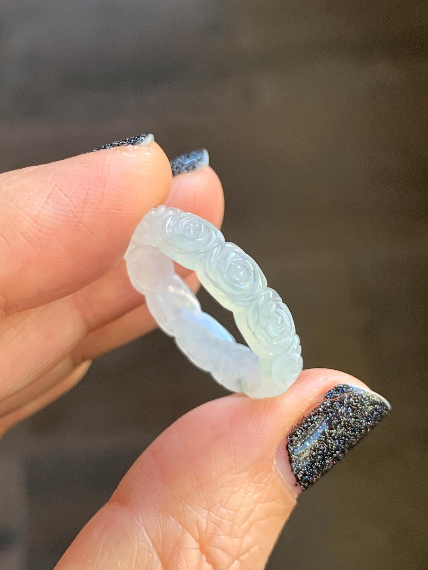 Certified Grade A Natural Icy Translucent White Green Marbled Jade Jadeite Carved Rose Band Ring Comfort Fit Size 8.25 US 天然白冰胶飘花翡翠玫瑰花戒圈 106