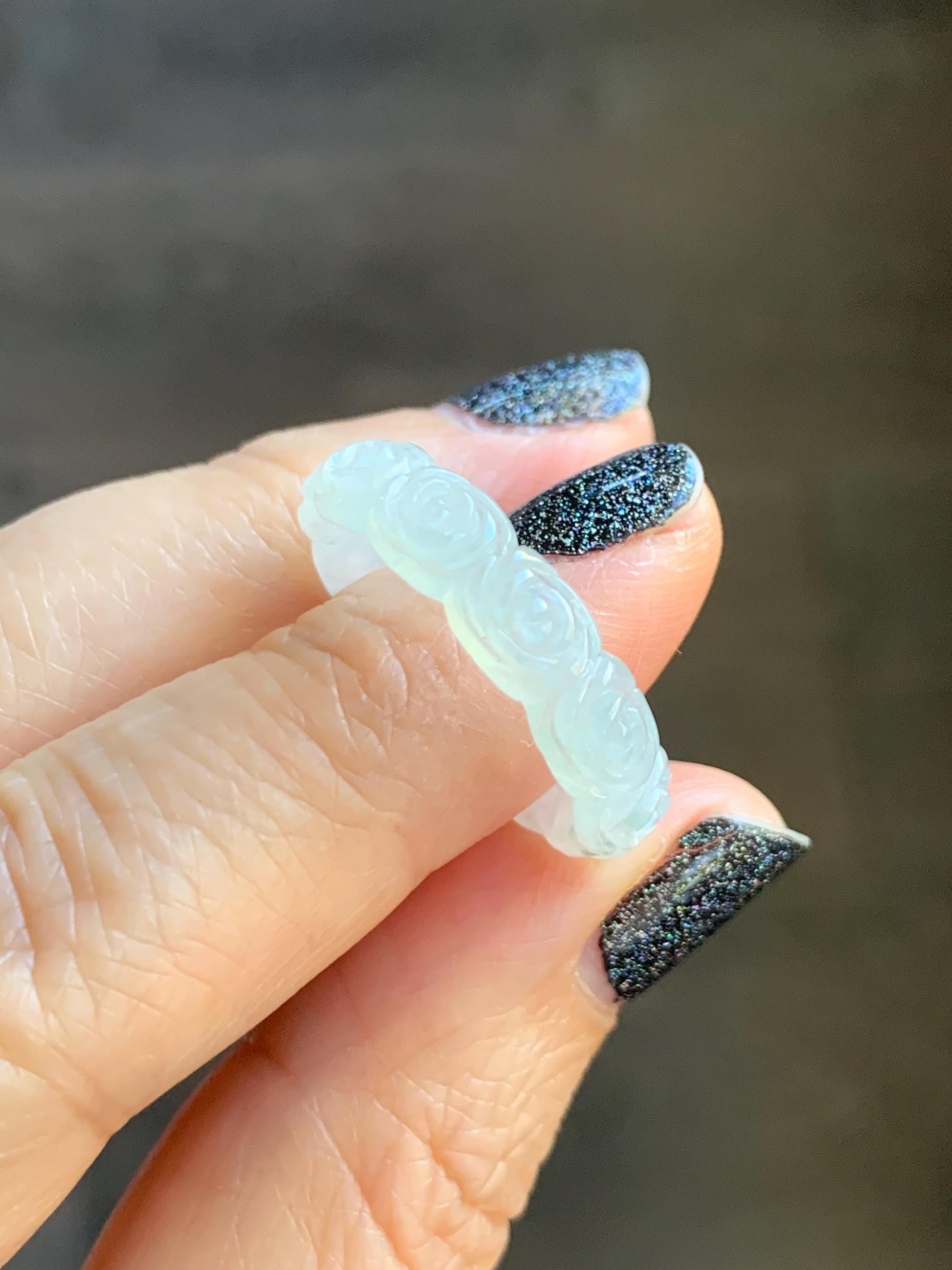 Certified Grade A Natural Icy Translucent White Green Marbled Jade Jadeite Carved Rose Band Ring Comfort Fit Size 8.25 US 天然白冰胶飘花翡翠玫瑰花戒圈 106