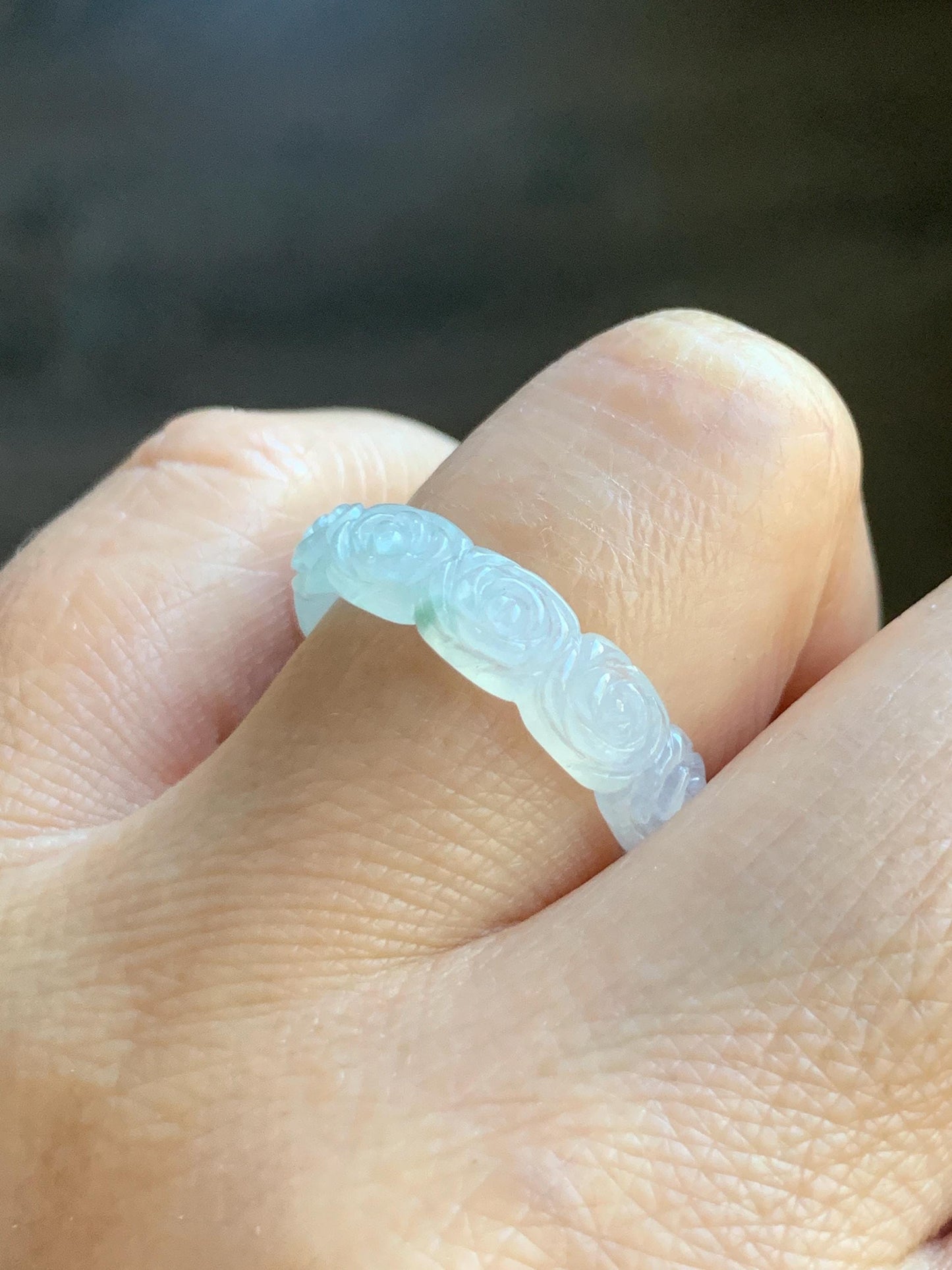 Certified Grade A Natural Icy Translucent White Green Marbled Jade Jadeite Carved Rose Band Ring Comfort Fit Size 8.25 US 天然白冰胶飘花翡翠玫瑰花戒圈 106