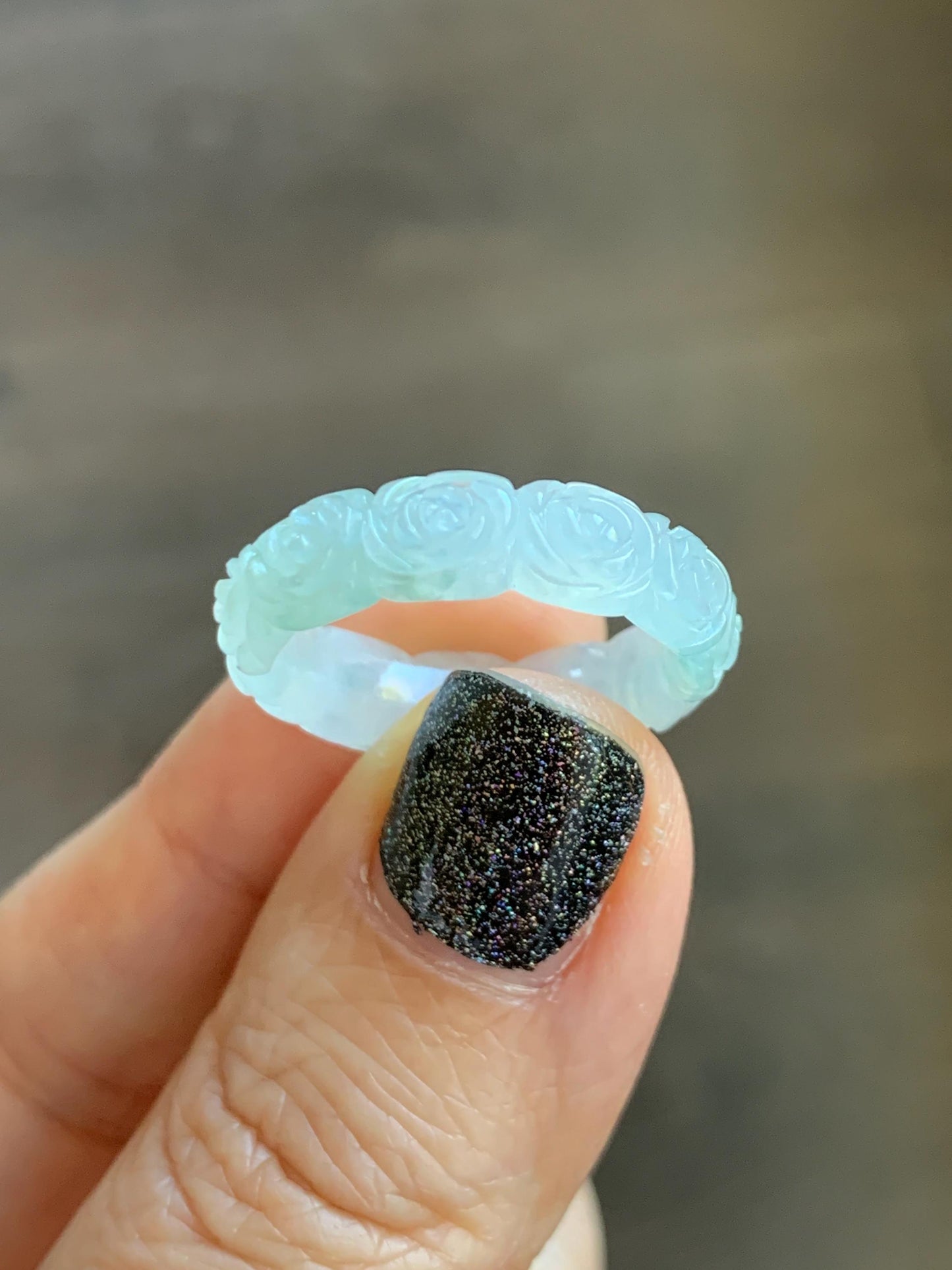 Certified Grade A Natural Icy Translucent White Green Marbled Jade Jadeite Carved Rose Band Ring Comfort Fit Size 7 US 天然白冰胶飘花翡翠玫瑰花戒圈 107