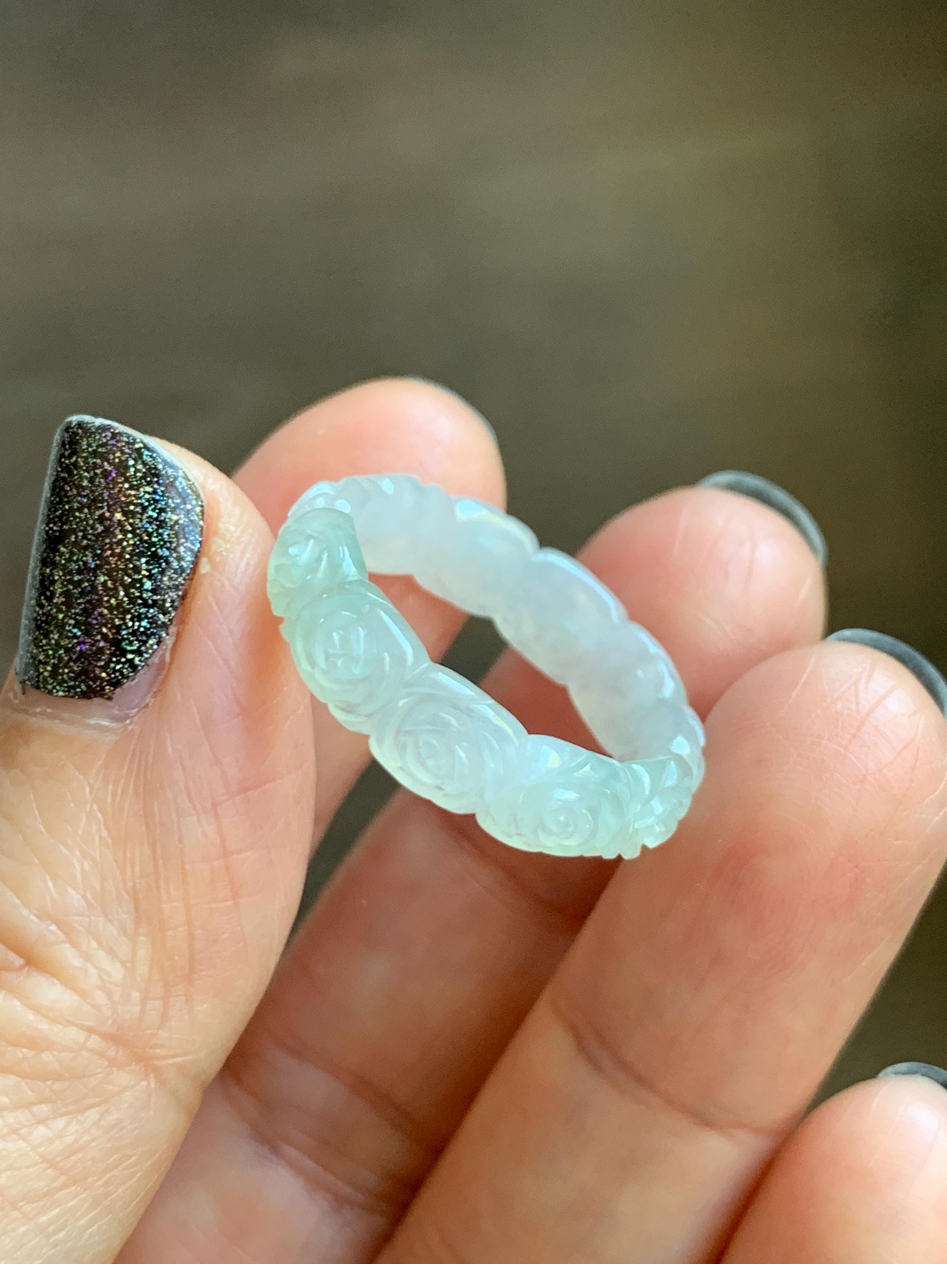 Certified Grade A Natural Icy Translucent White Green Marbled Jade Jadeite Carved Rose Band Ring Comfort Fit Size 7 US 天然白冰胶飘花翡翠玫瑰花戒圈 107