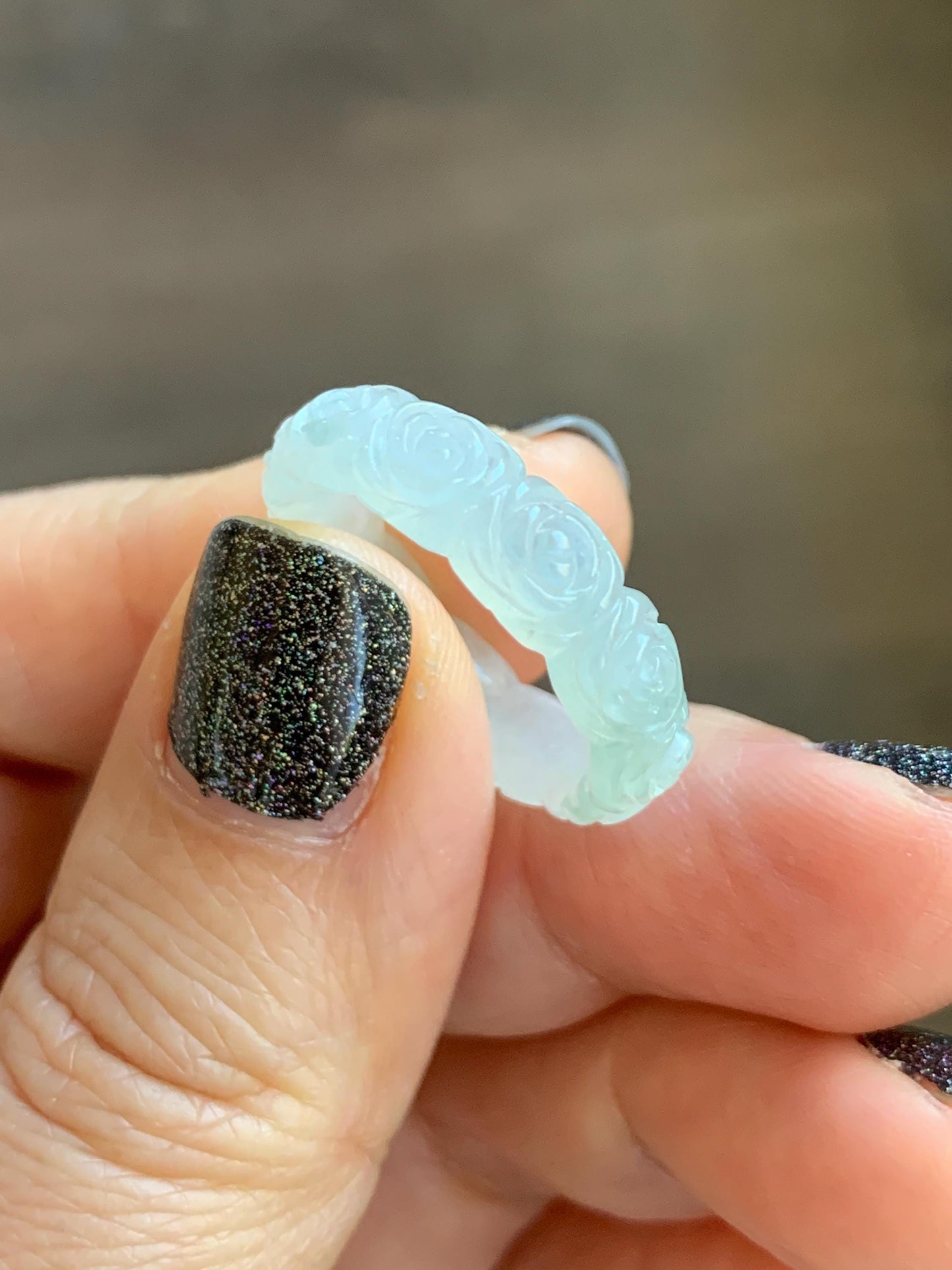 Certified Grade A Natural Icy Translucent White Green Marbled Jade Jadeite Carved Rose Band Ring Comfort Fit Size 7 US 天然白冰胶飘花翡翠玫瑰花戒圈 107