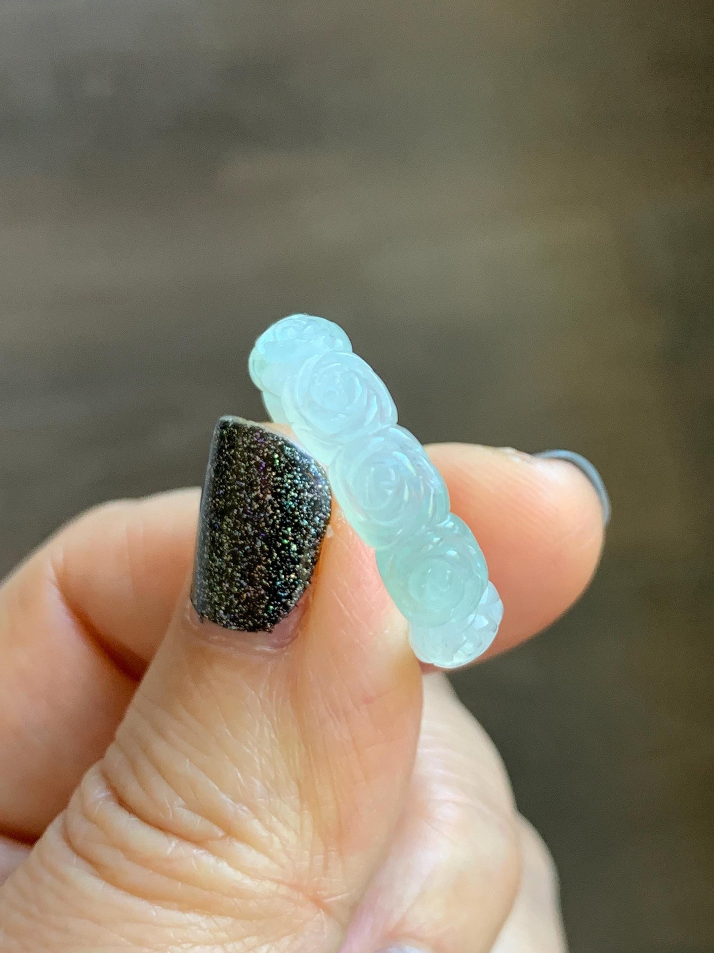 Certified Grade A Natural Icy Translucent White Green Marbled Jade Jadeite Carved Rose Band Ring Comfort Fit Size 7 US 天然白冰胶飘花翡翠玫瑰花戒圈 107
