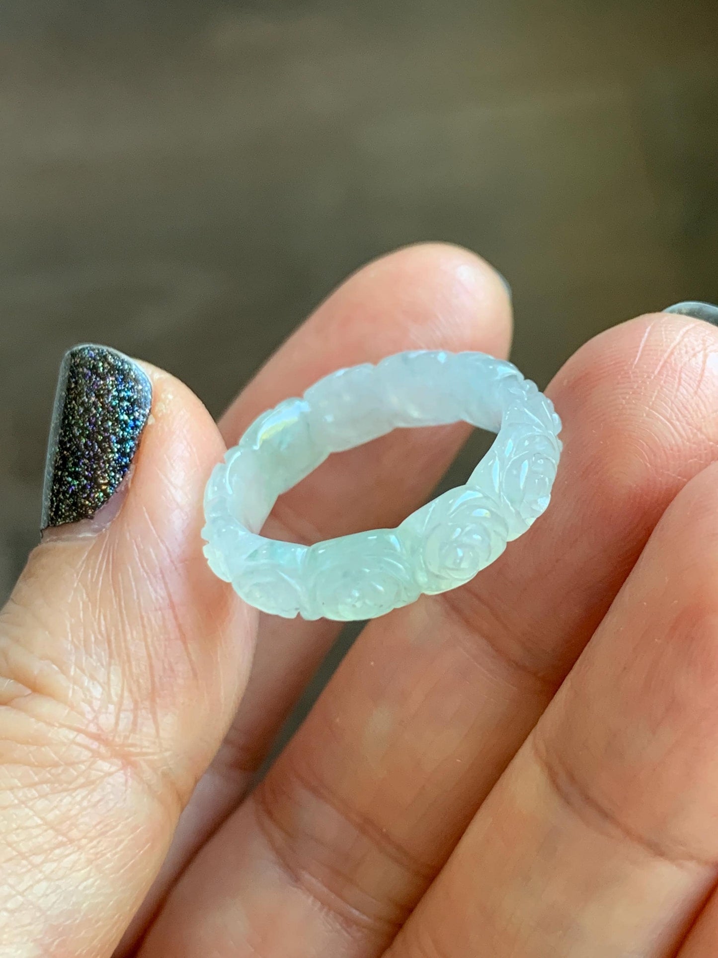 Certified Grade A Natural Icy Translucent White Green Marbled Jade Jadeite Carved Rose Band Ring Comfort Fit Size 7 US 天然白冰胶飘花翡翠玫瑰花戒圈 107