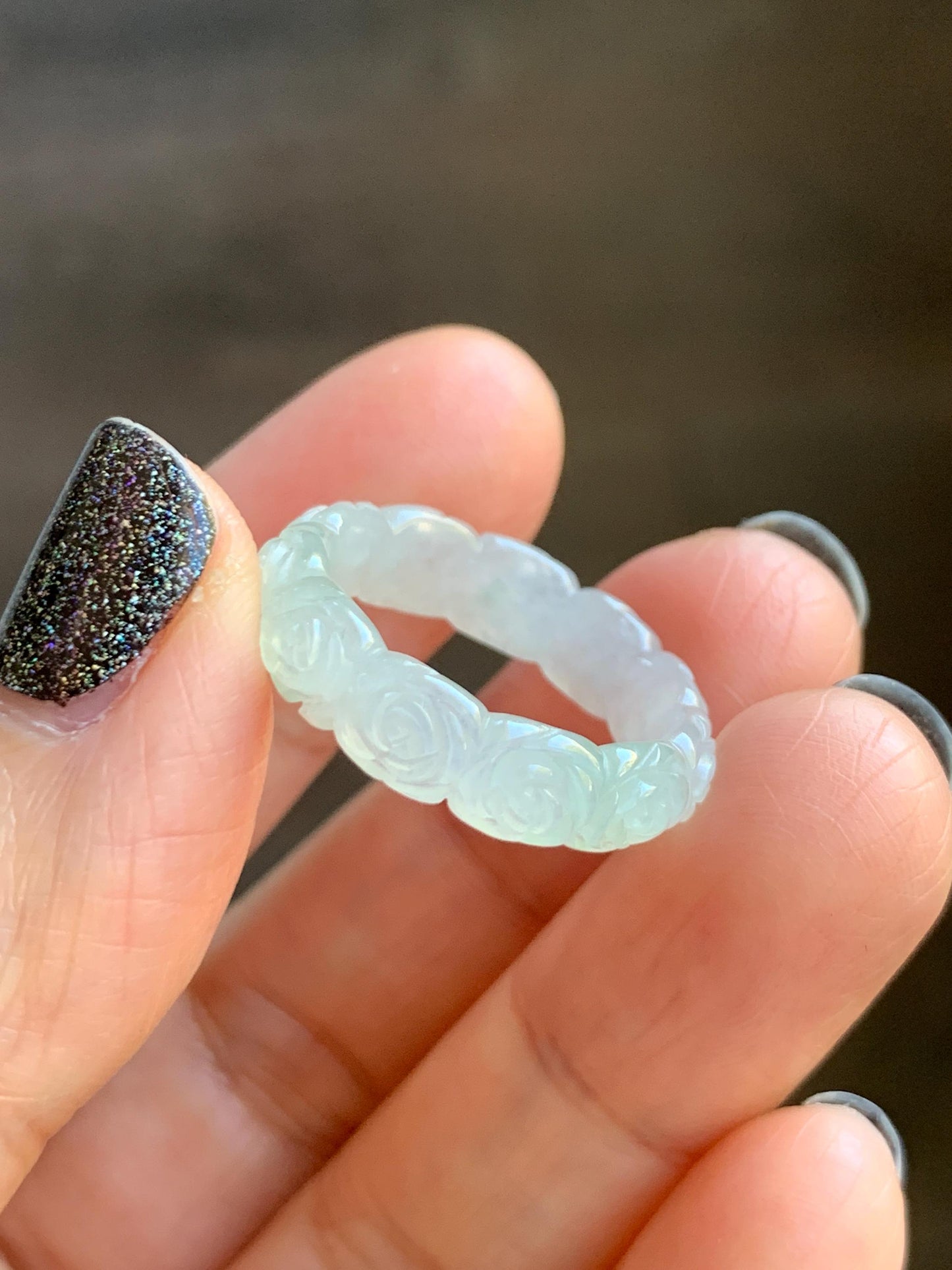 Certified Grade A Natural Icy Translucent White Green Marbled Jade Jadeite Carved Rose Band Ring Comfort Fit Size 7 US 天然白冰胶飘花翡翠玫瑰花戒圈 107